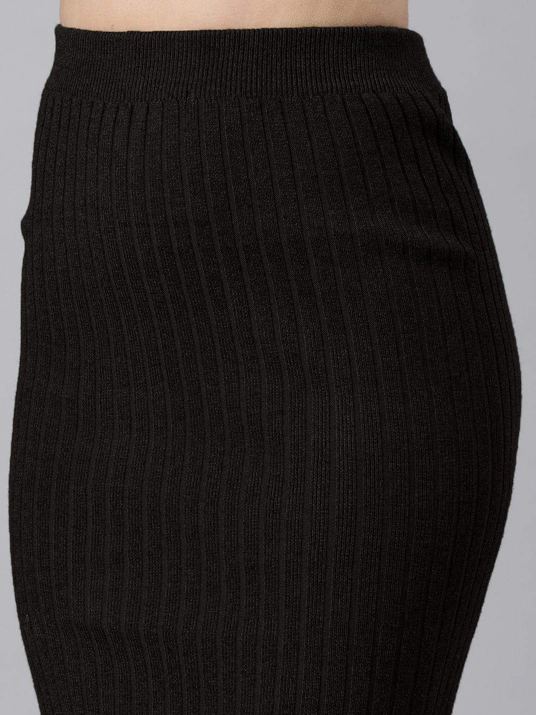 Women's Textured Black Pencil Midi Skirt with Back Slit