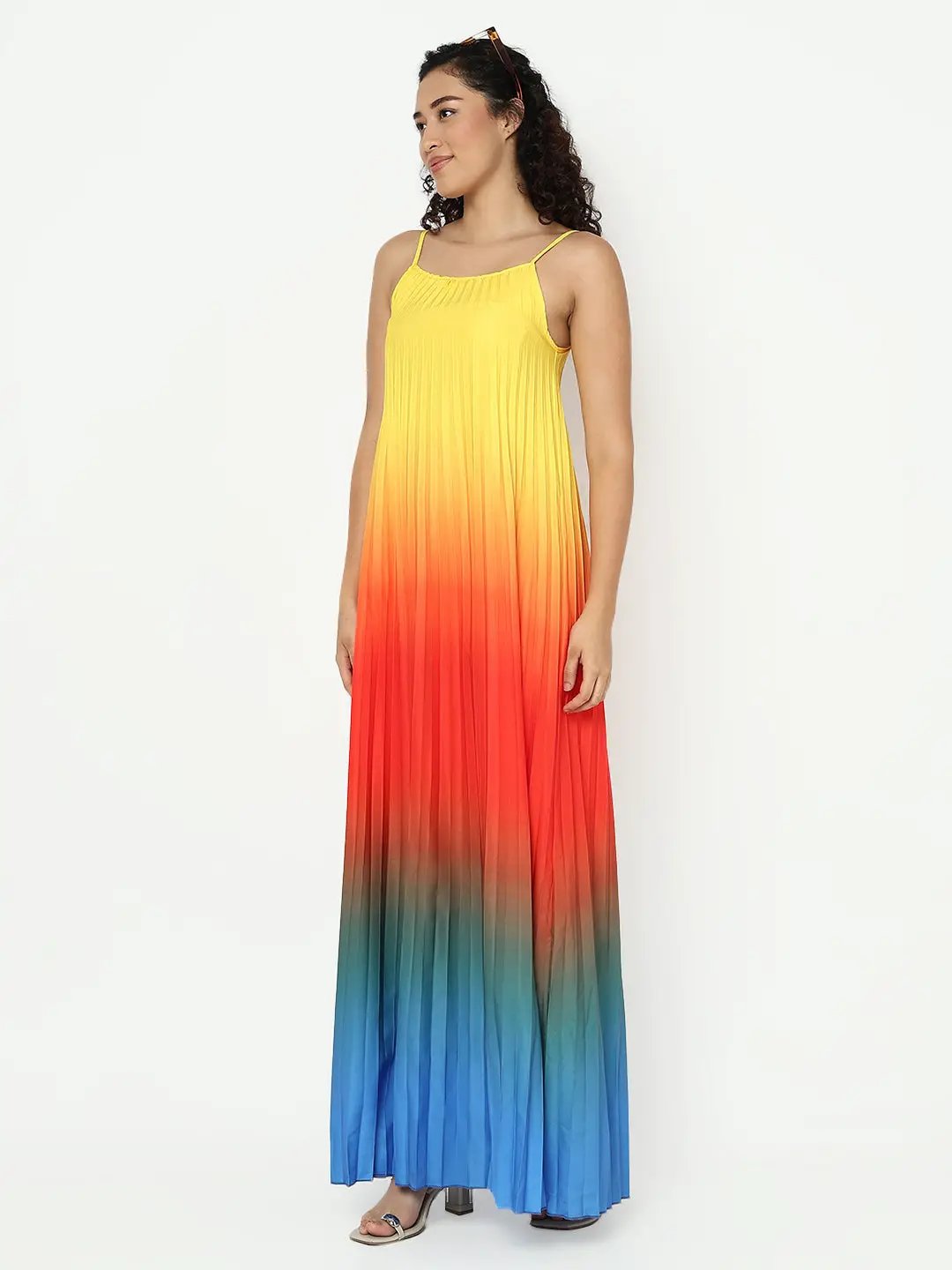Women's Multicolor Shoulder Straps Maxi Sleeveless Dress with Accordion Pleats - from SHOWOFFFF