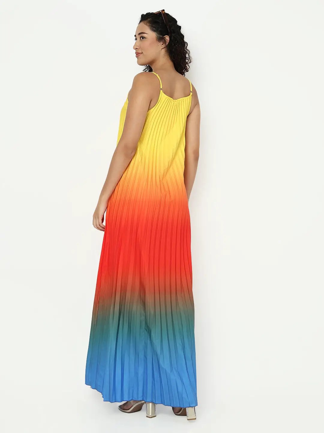Women's Multicolor Shoulder Straps Maxi Sleeveless Dress with Accordion Pleats - from SHOWOFFFF