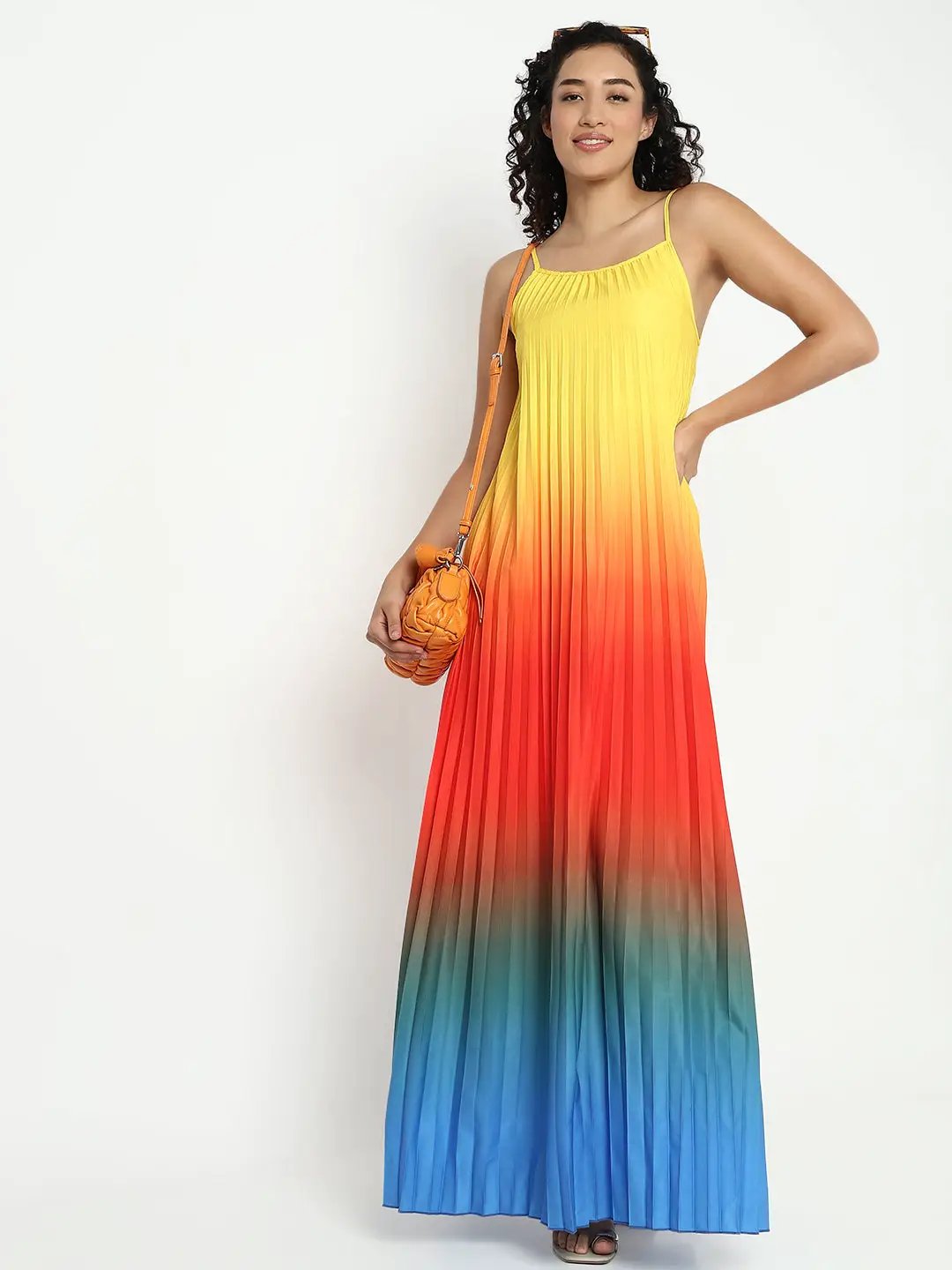 Women's Multicolor Shoulder Straps Maxi Sleeveless Dress with Accordion Pleats - from SHOWOFFFF
