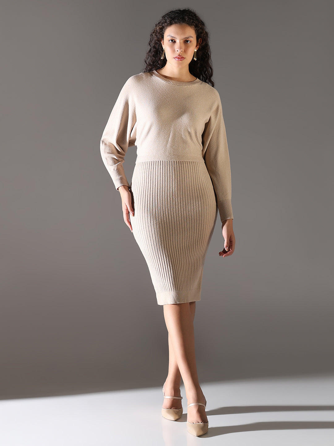 Women Beige Solid Bodycon Dress with Top