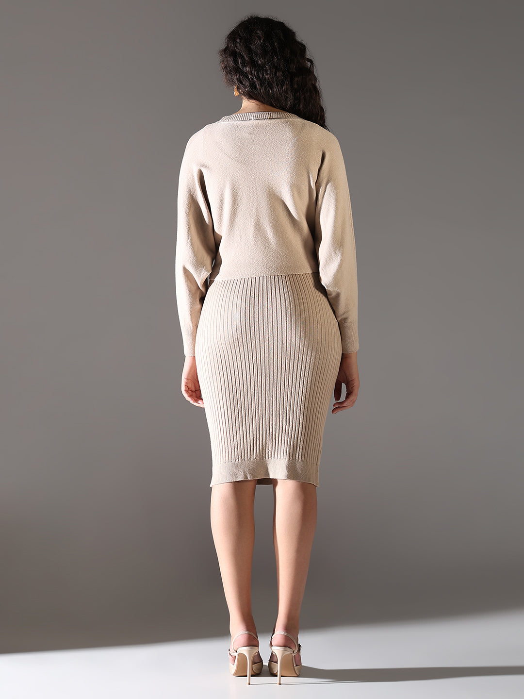 Women Beige Solid Bodycon Dress with Top