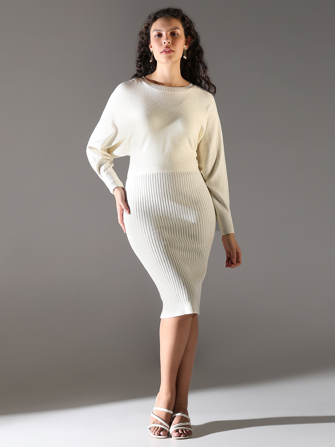 Women Cream Solid Bodycon Dress with Top