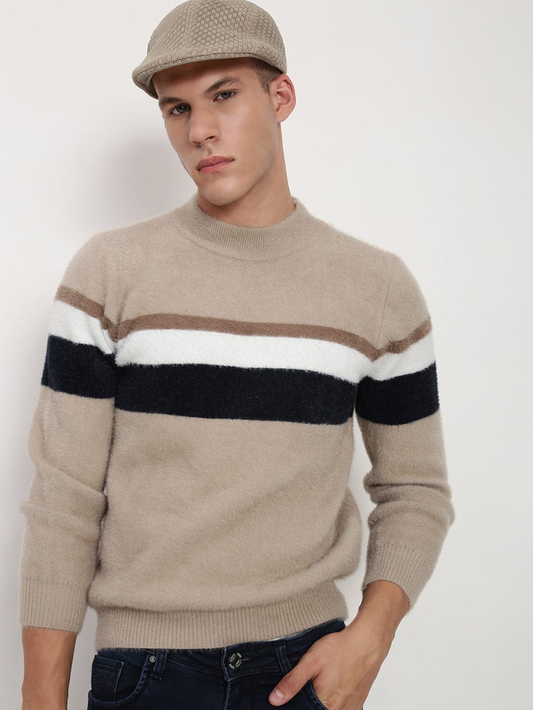 Men's Beige ColourBlock Round Neck Sweater