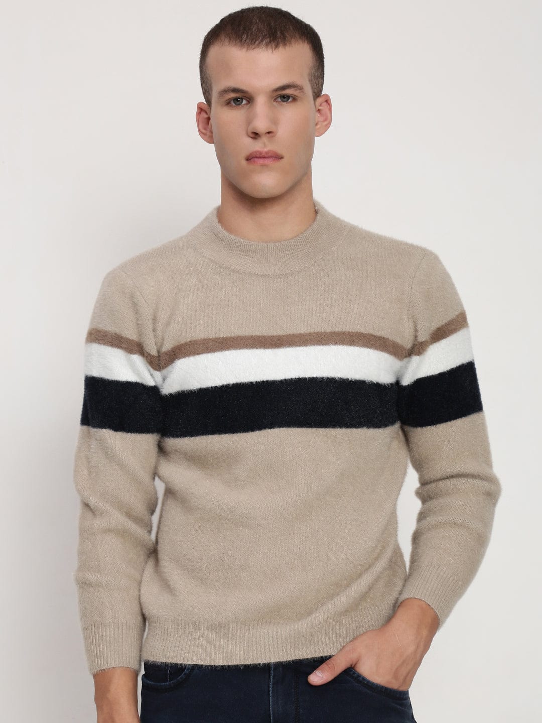 Men's Beige ColourBlock Round Neck Sweater