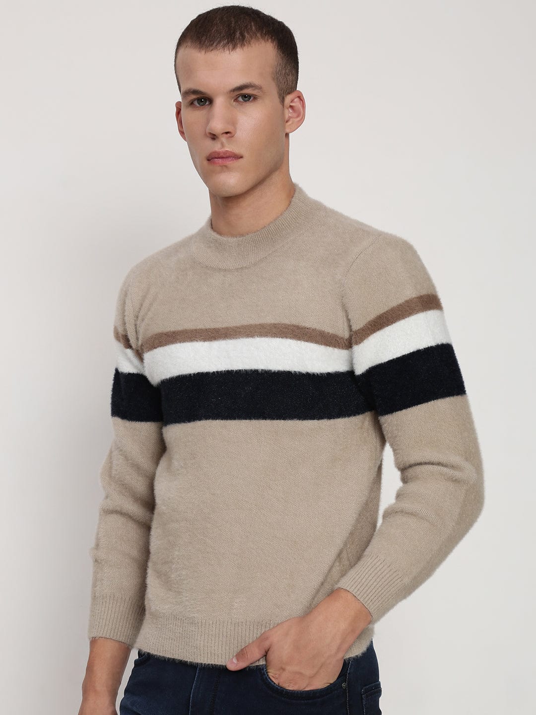 Men's Beige ColourBlock Round Neck Sweater