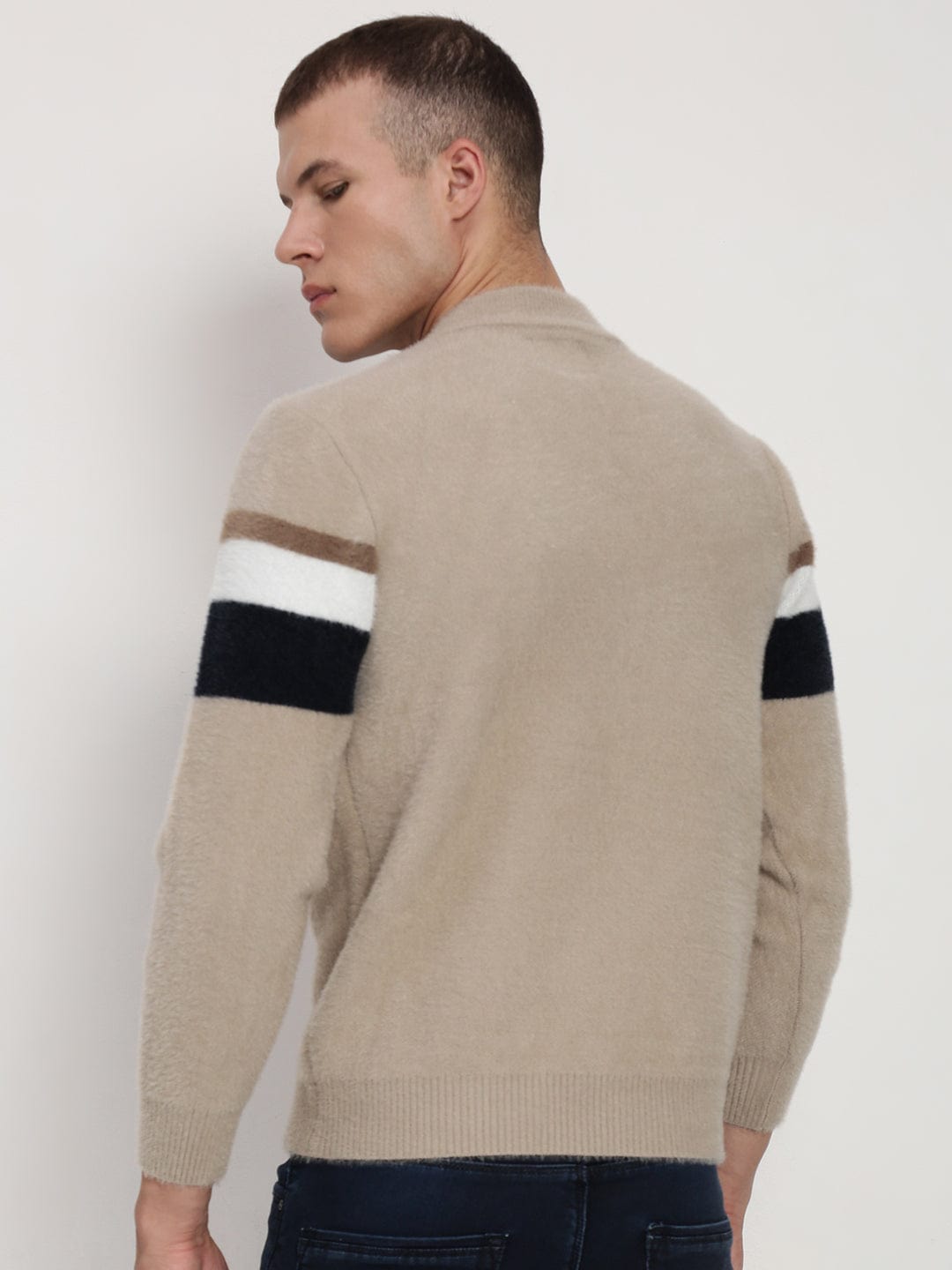 Men's Beige ColourBlock Round Neck Sweater