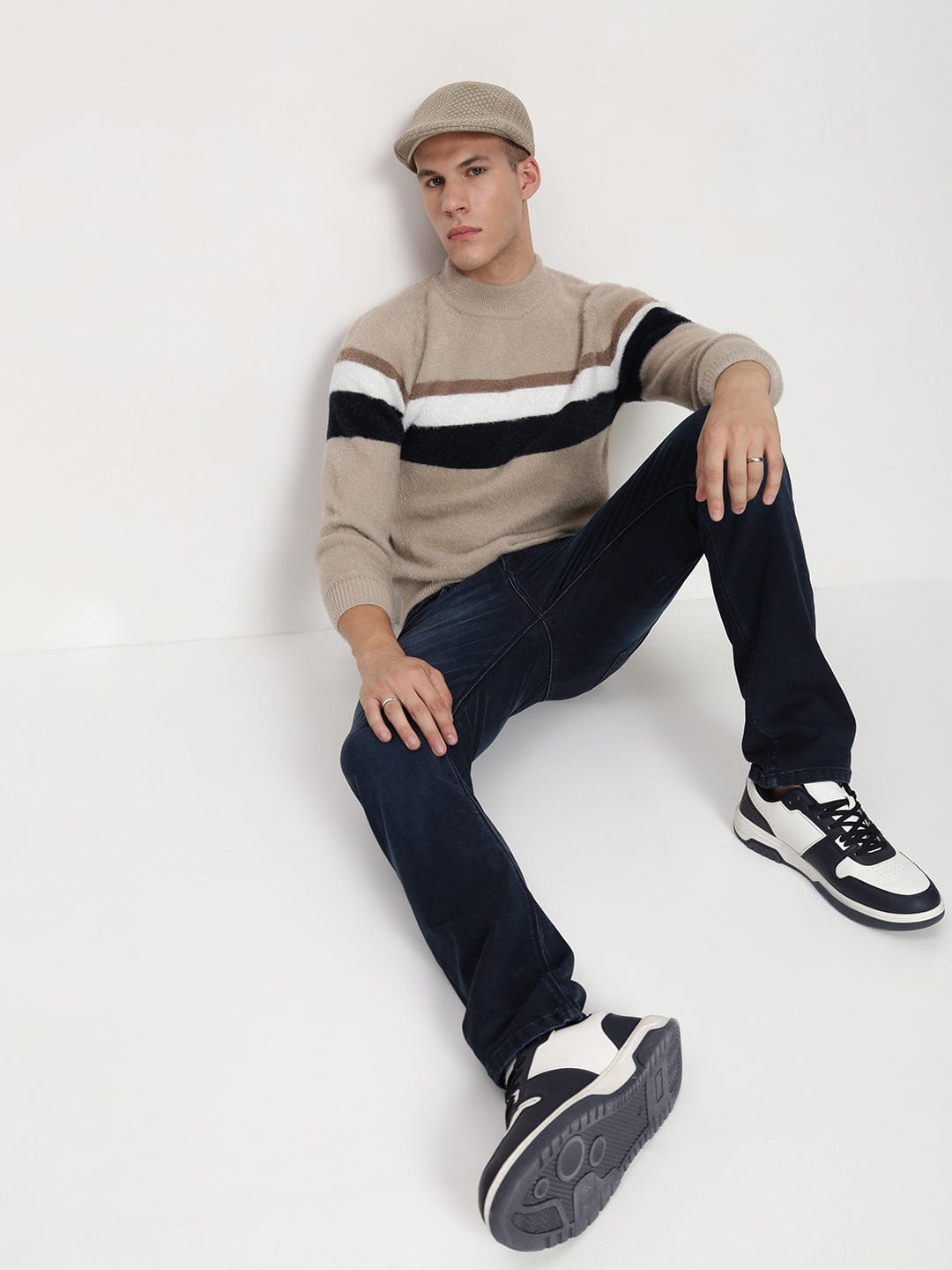 Men's Beige ColourBlock Round Neck Sweater
