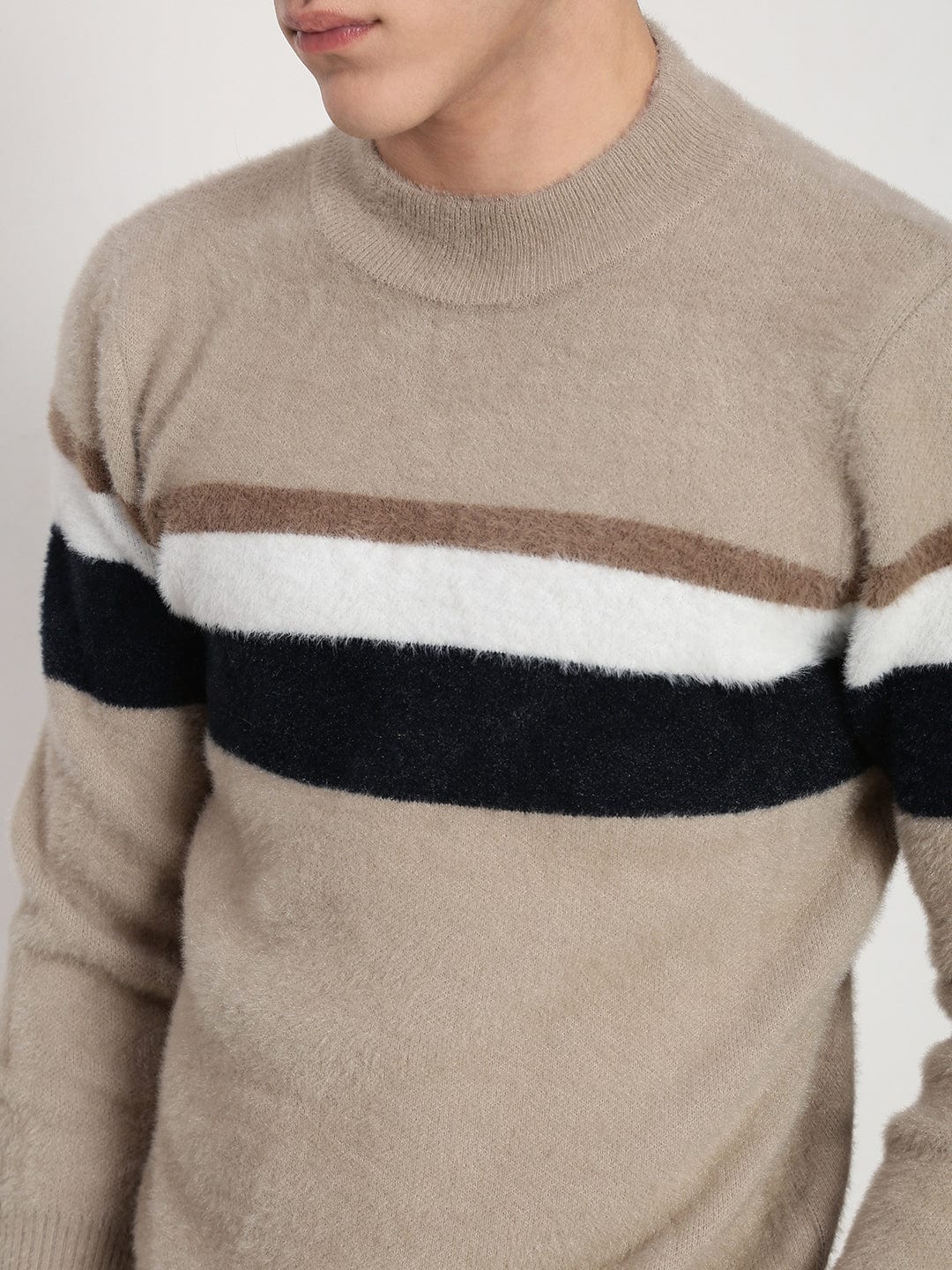 Men's Beige ColourBlock Round Neck Sweater