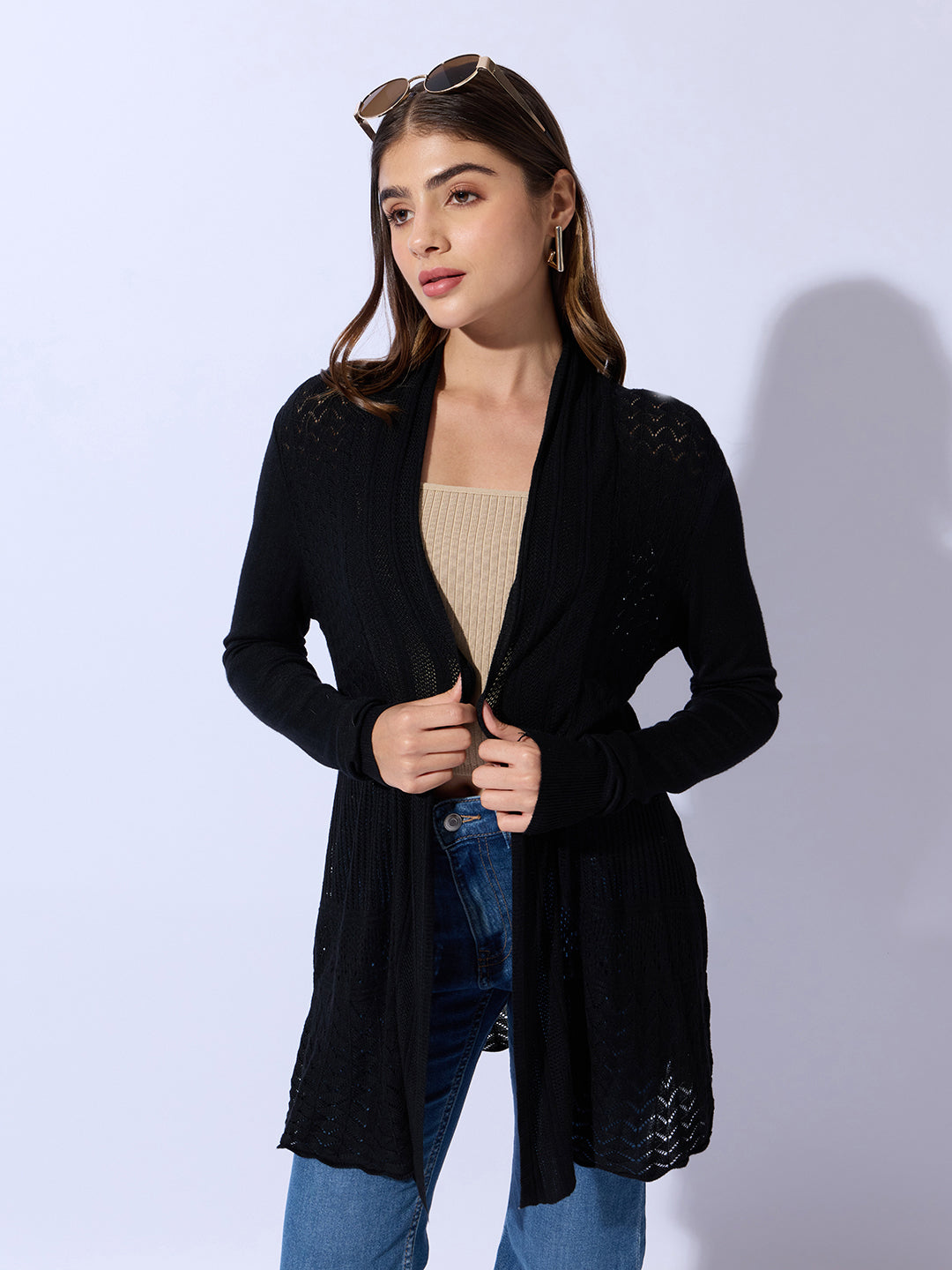 Women's Textured Knit Black Longline Shrug