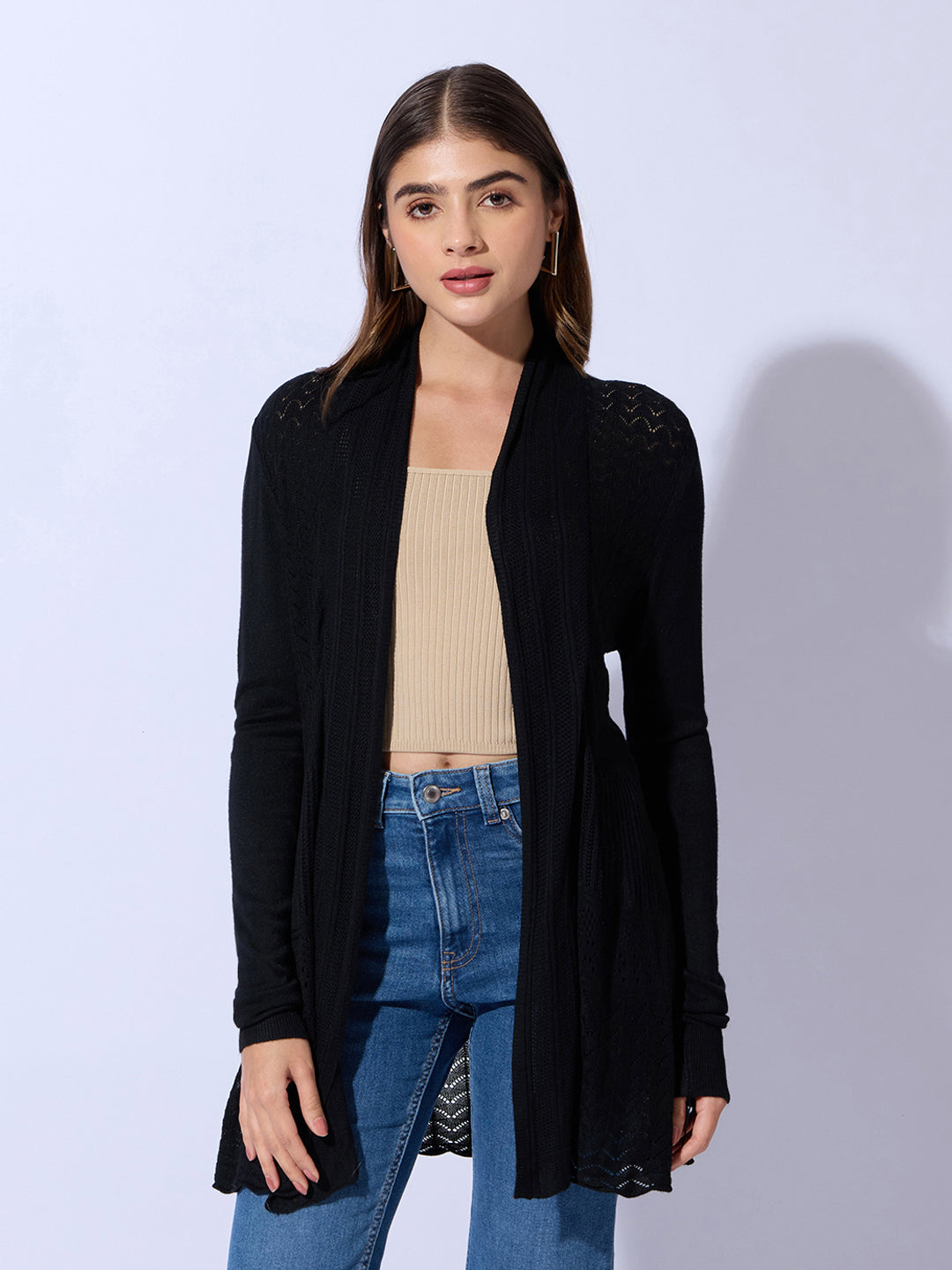 Women's Textured Knit Black Longline Shrug