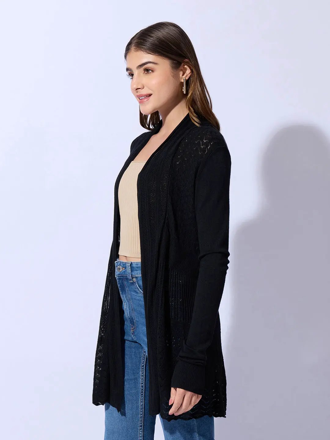 Women's Textured Knit Black Longline Shrug - from SHOWOFFFF