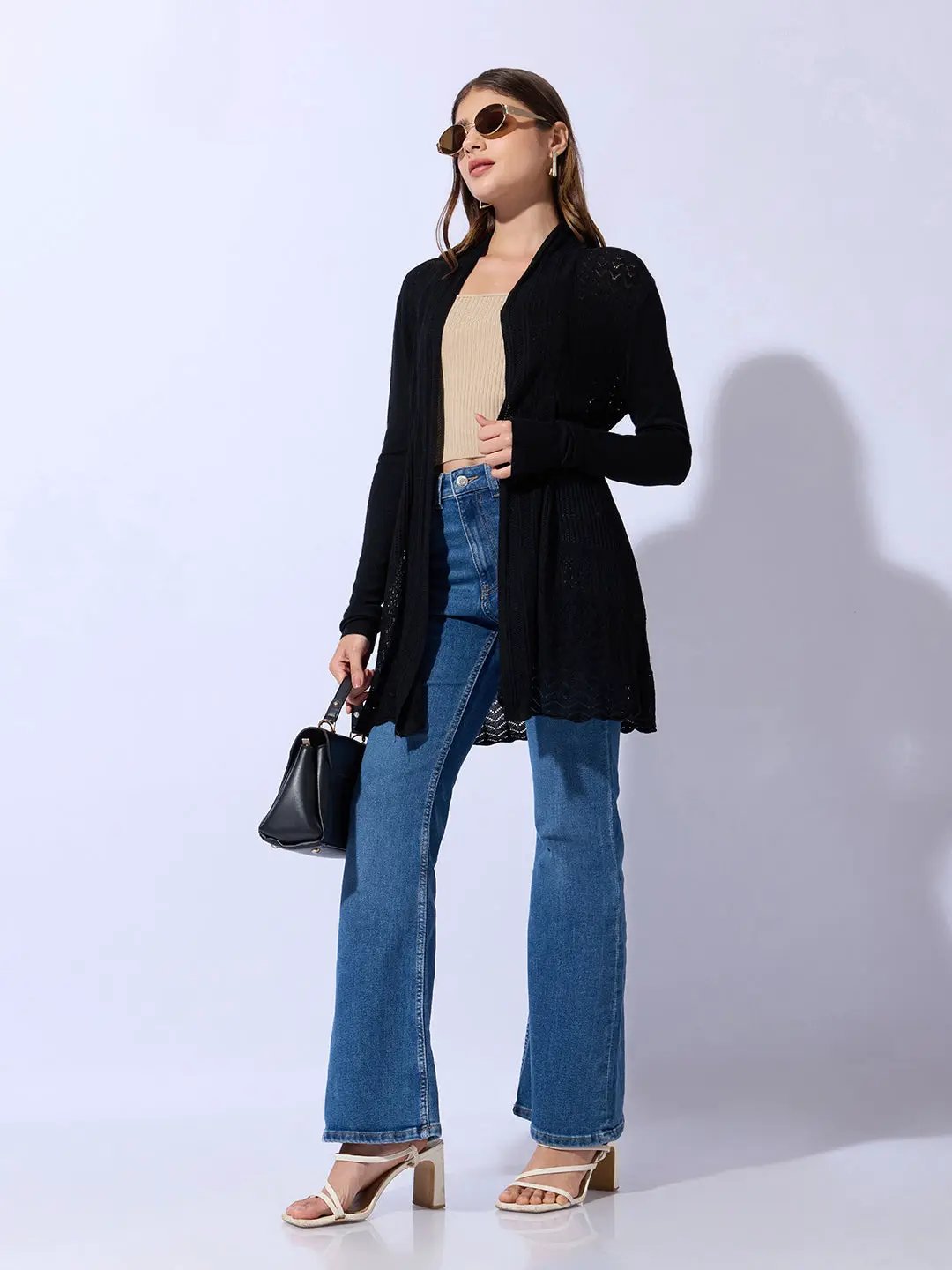 Women's Textured Knit Black Longline Shrug - from SHOWOFFFF