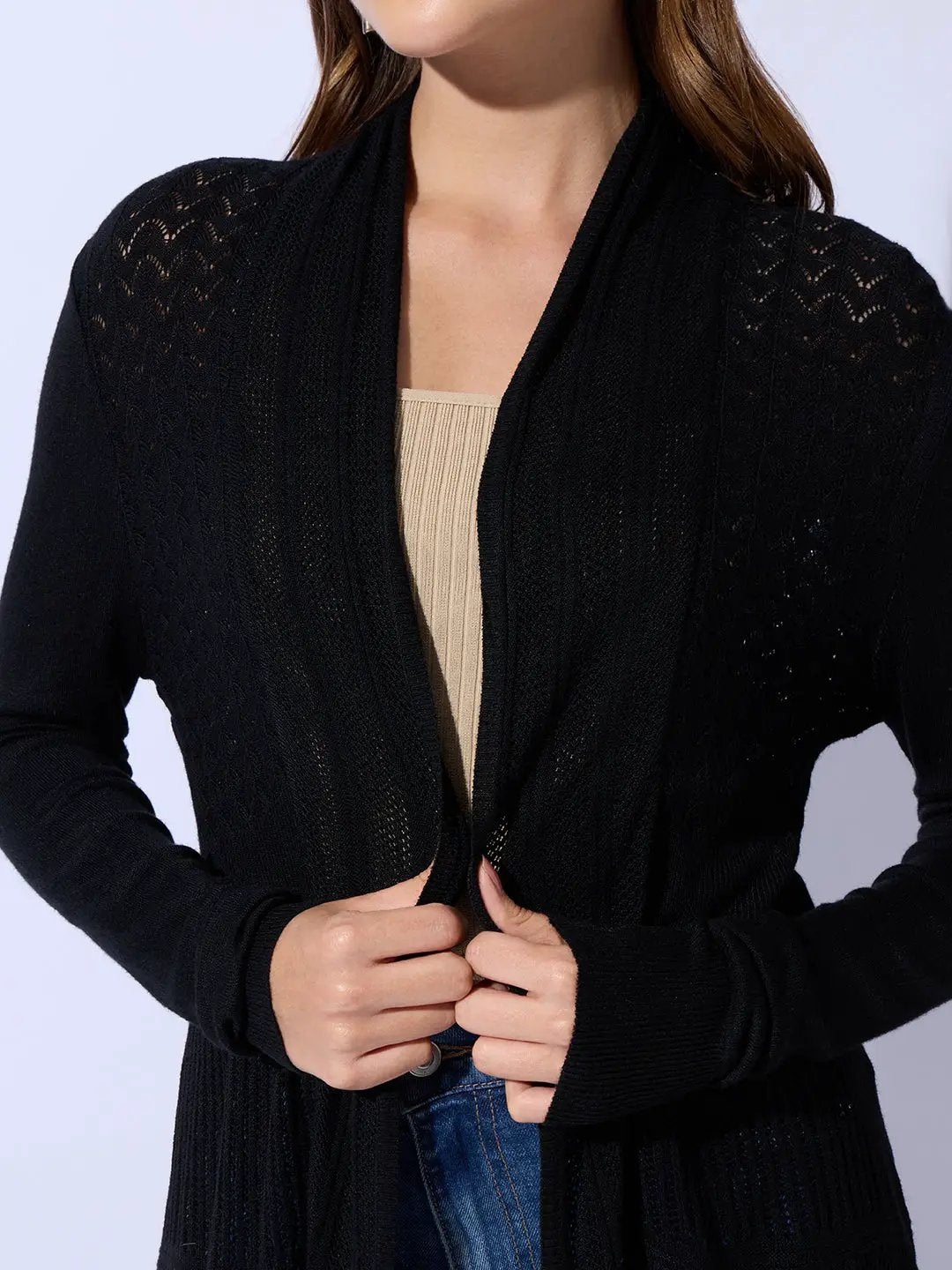 Women's Textured Knit Black Longline Shrug - from SHOWOFFFF