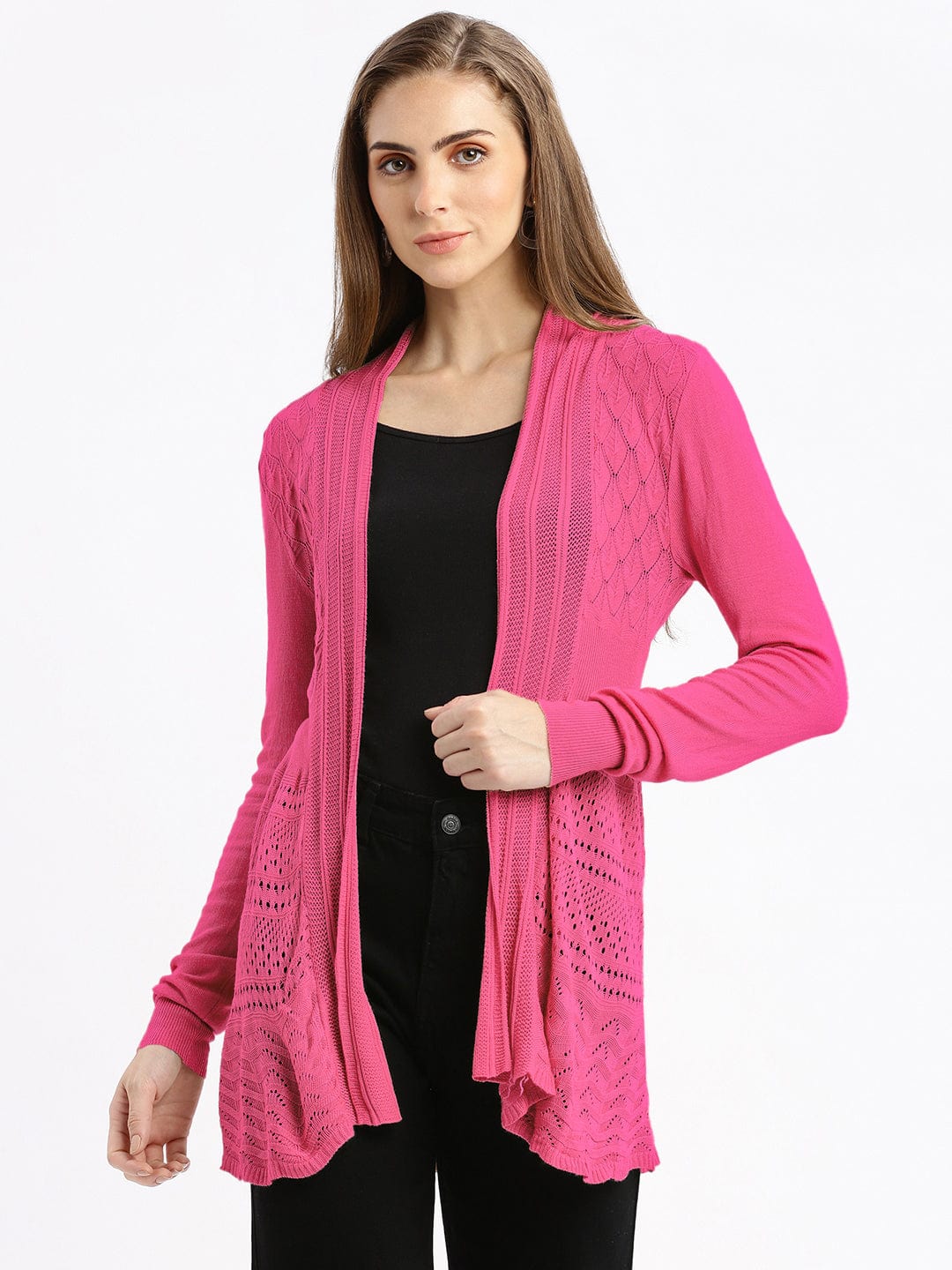 Shop Women's Pink Open-Front Long Shrug with Intricate Knit