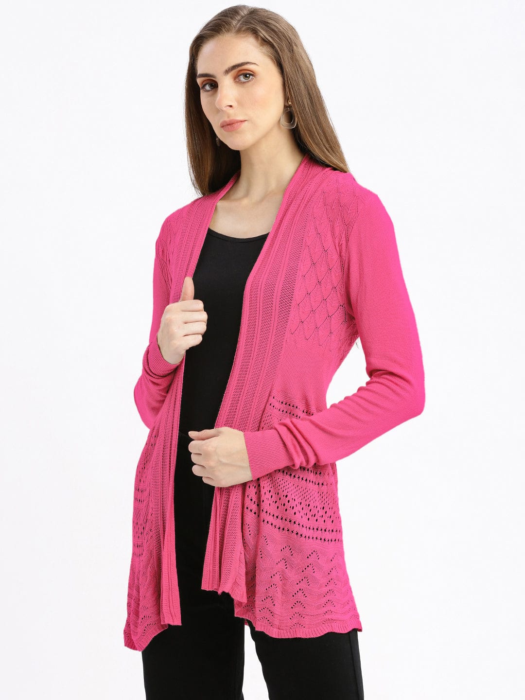 Women's Pink Open-Front Long Shrug with Intricate Knit Detailing