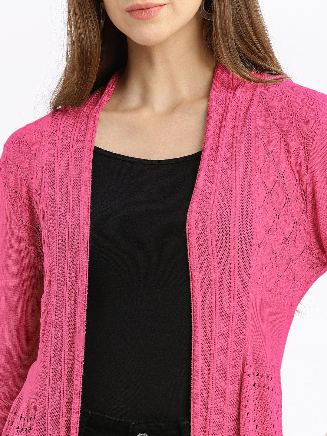 Shop Women's Pink Open-Front Long Shrug with Intricate Knit