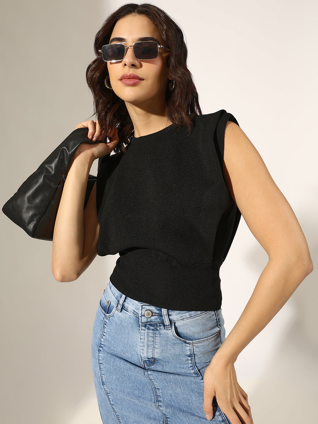 Women's Ribbed Black Sleeveless Knit Top