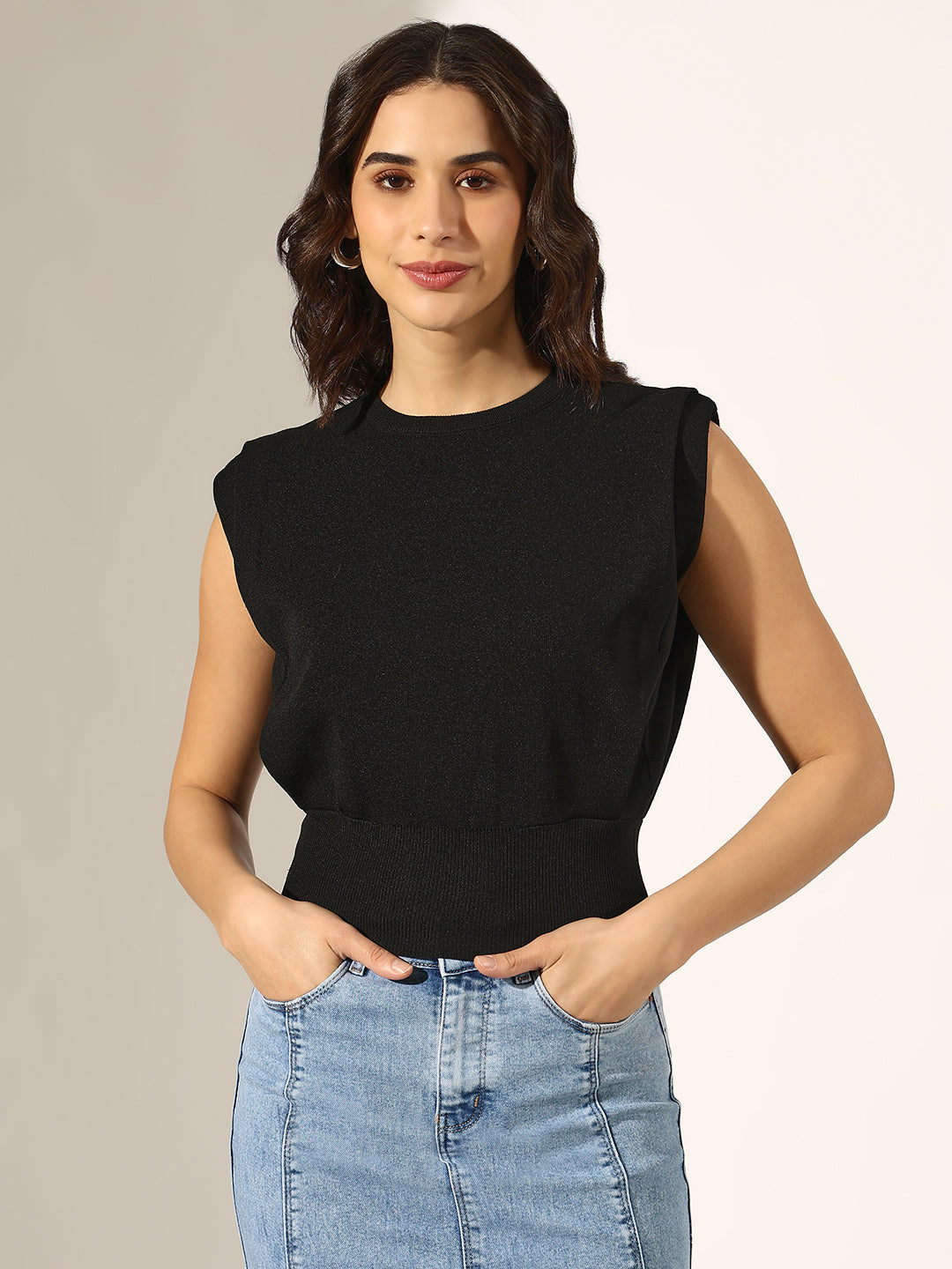 Women's Ribbed Black Sleeveless Knit Top