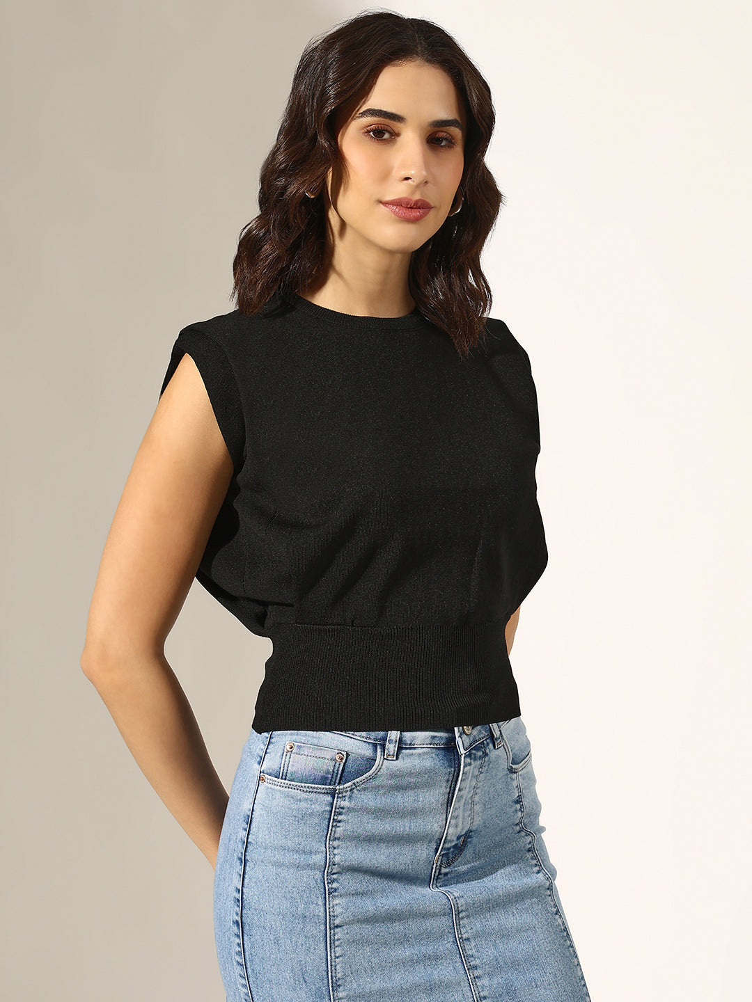 Women's Ribbed Black Sleeveless Knit Top