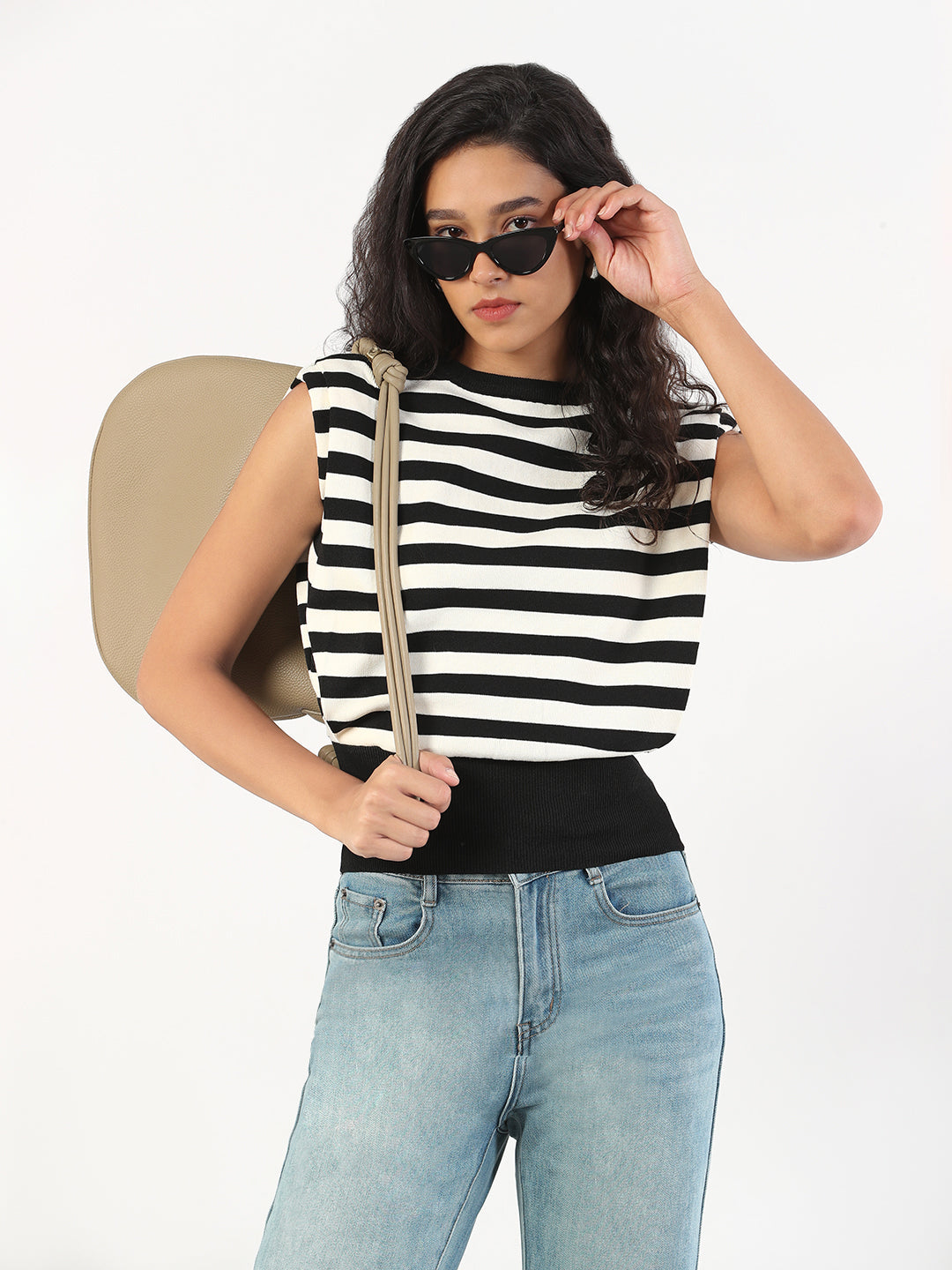 Women Black & White Striped Round Neck Black Top