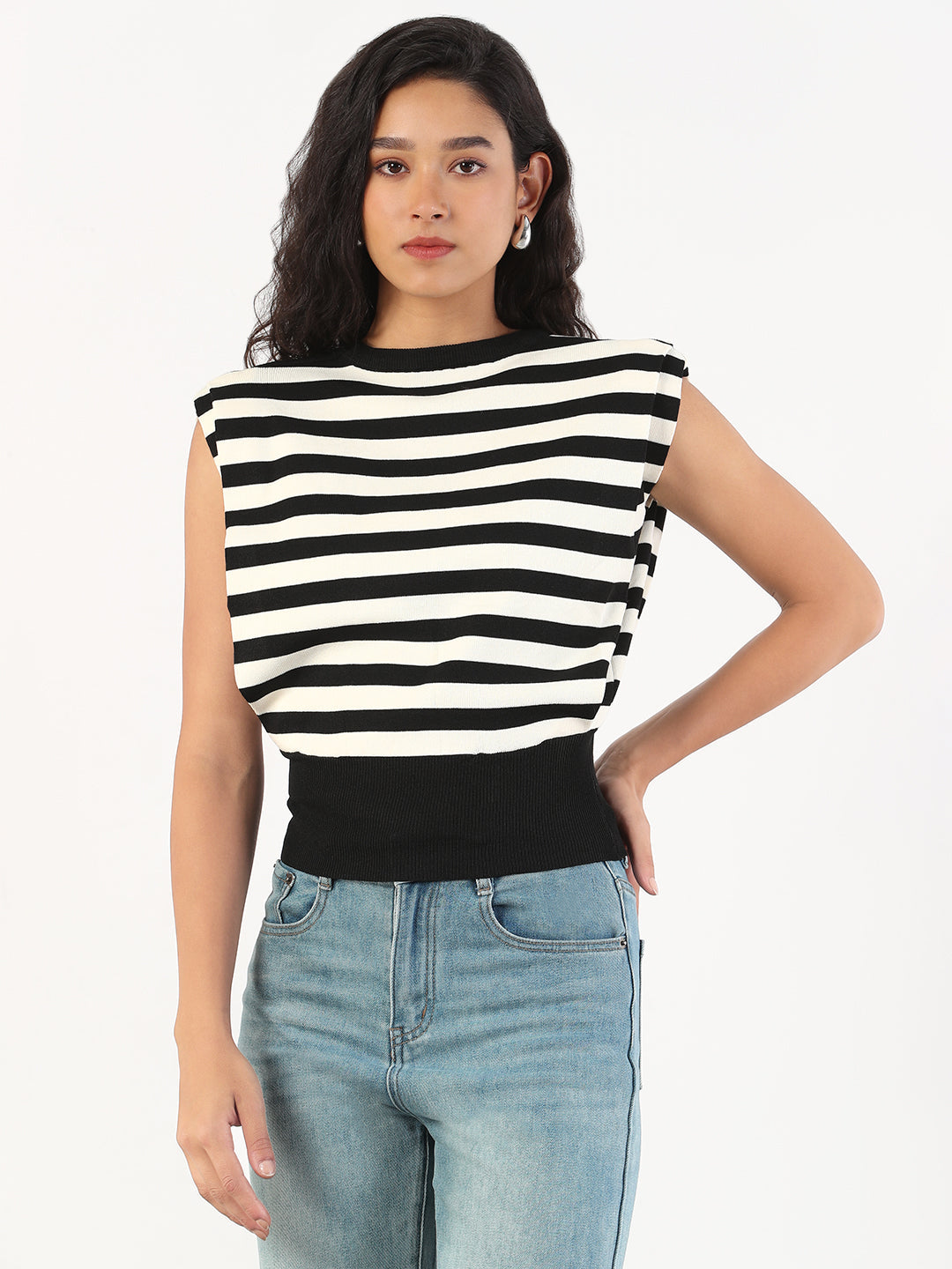 Women Black & White Striped Round Neck Black Top