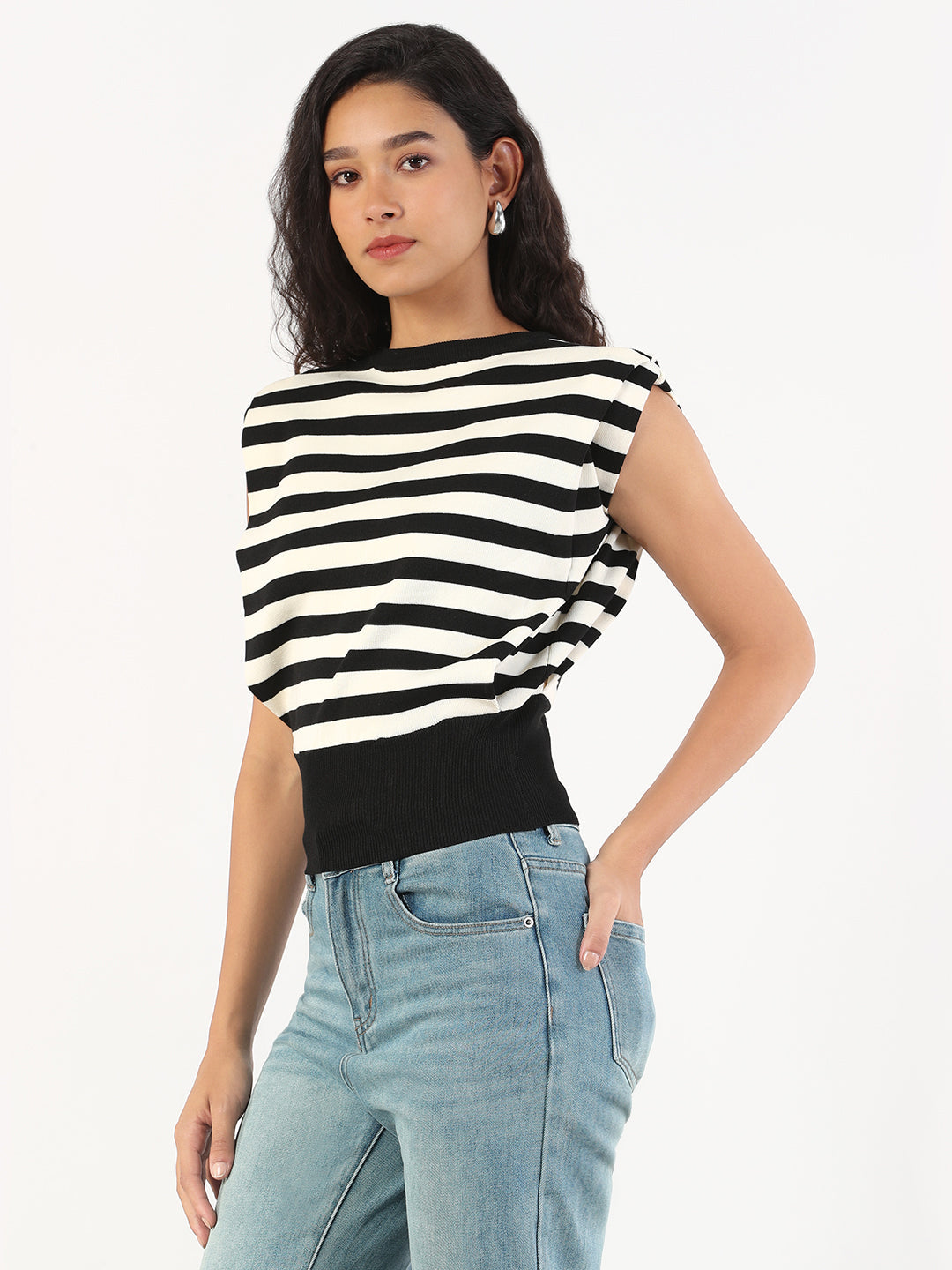 Women Black & White Striped Round Neck Black Top