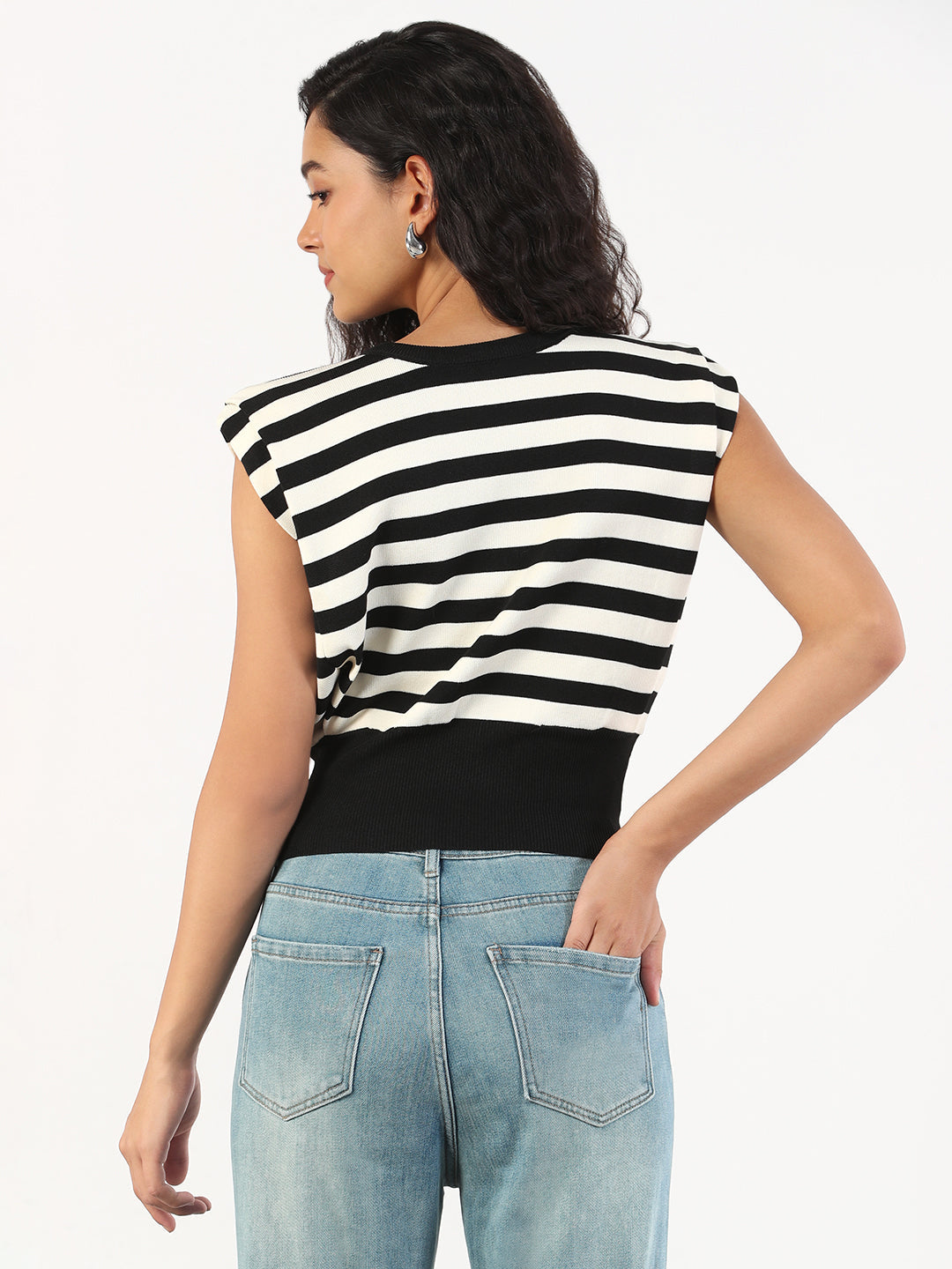 Women Black & White Striped Round Neck Black Top