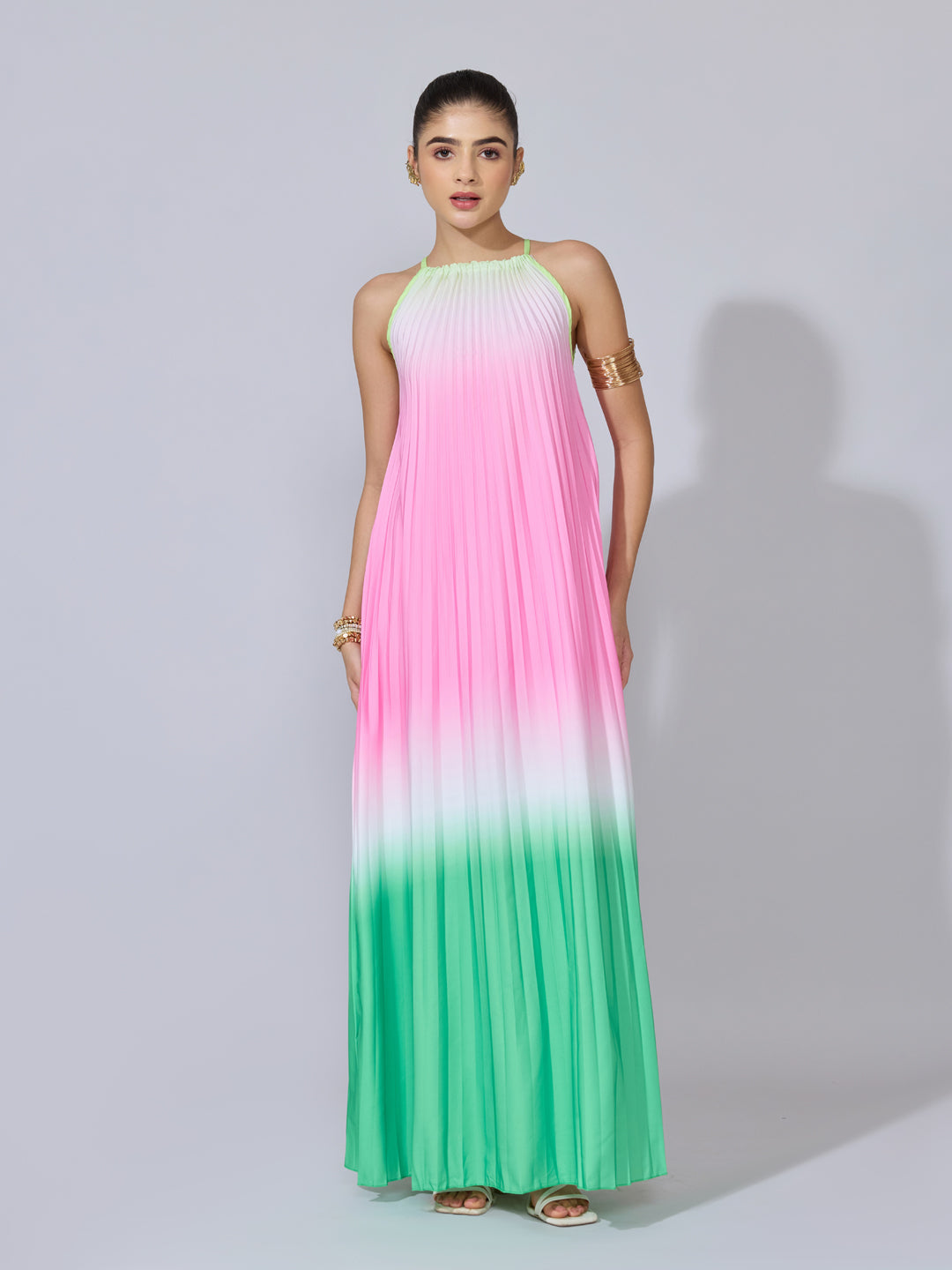 Women's Ombre Pleated Pink Maxi Dress