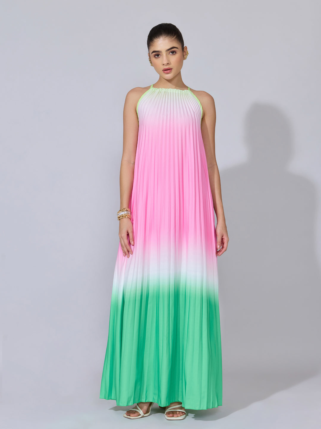 Women's Ombre Pleated Pink Maxi Dress