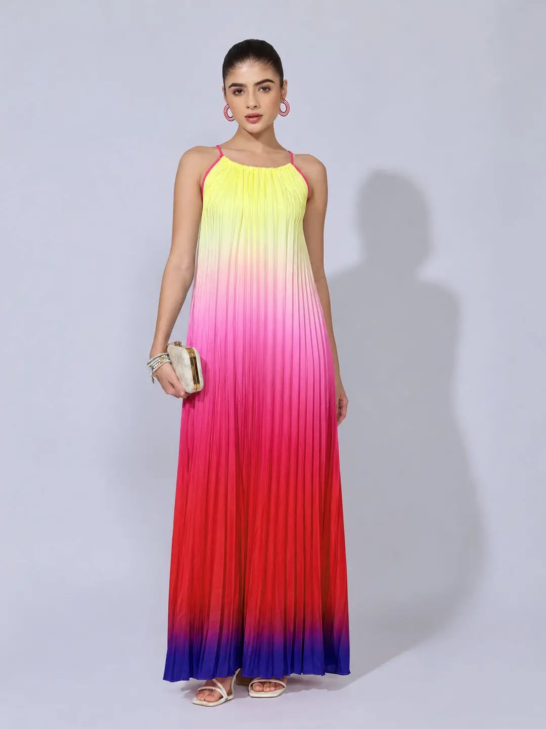 Women's Ombre Pleated Red Maxi Dress