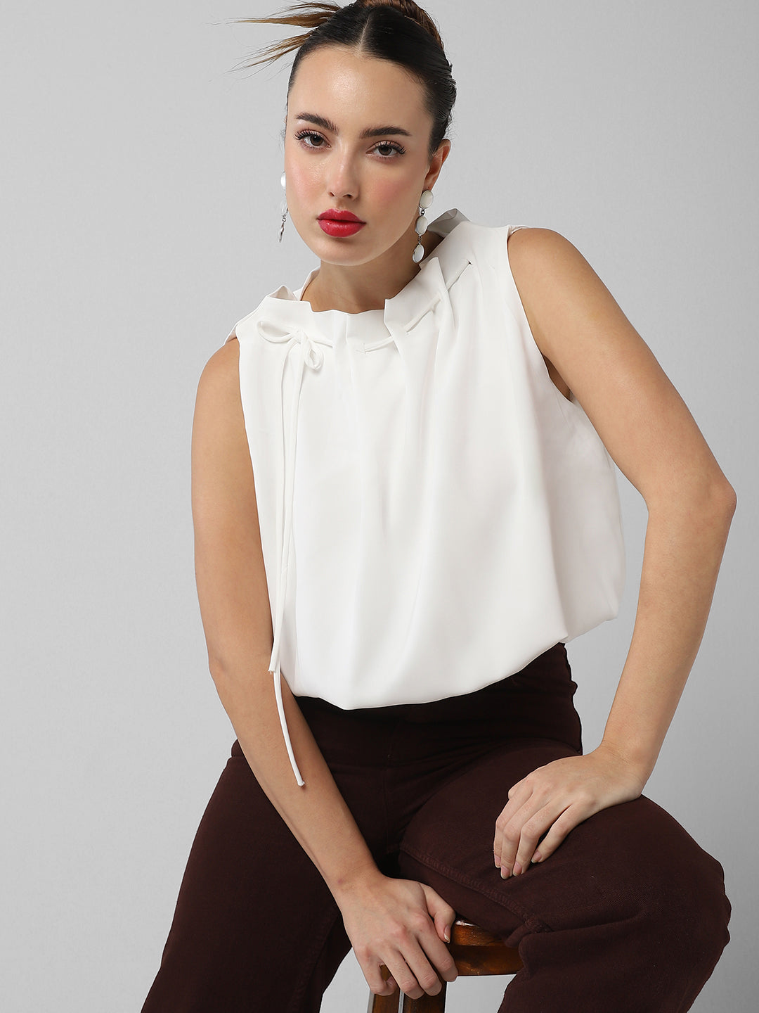 Women White Solid Blouson Crop Top