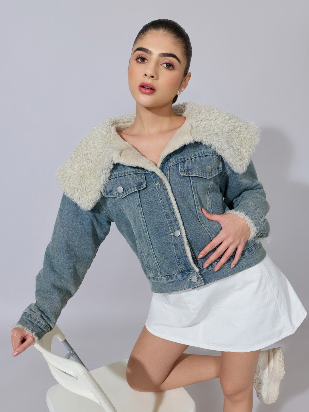 Women's Blue Denim Shearling Collar Jacket