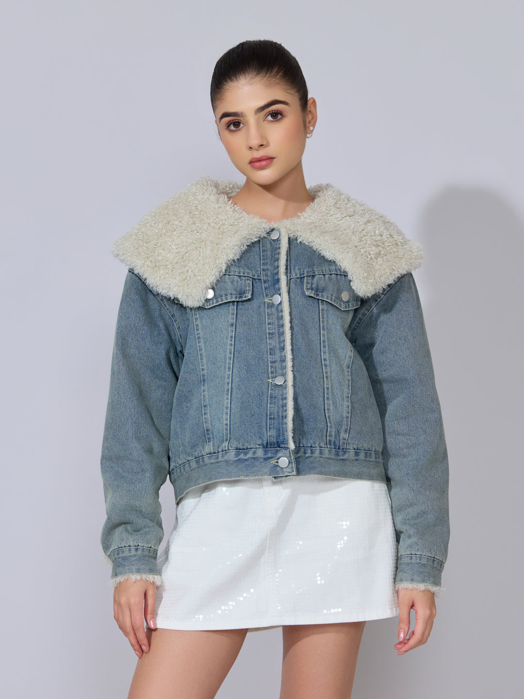 Women's Blue Denim Shearling Collar Jacket