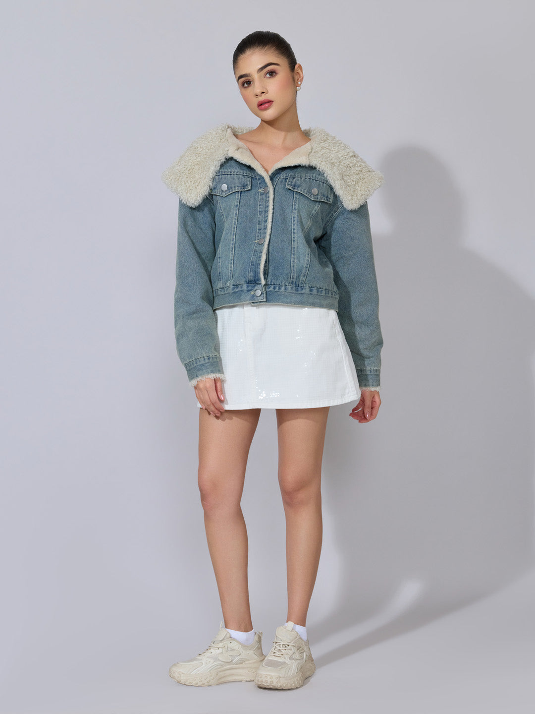 Women's Blue Denim Shearling Collar Jacket