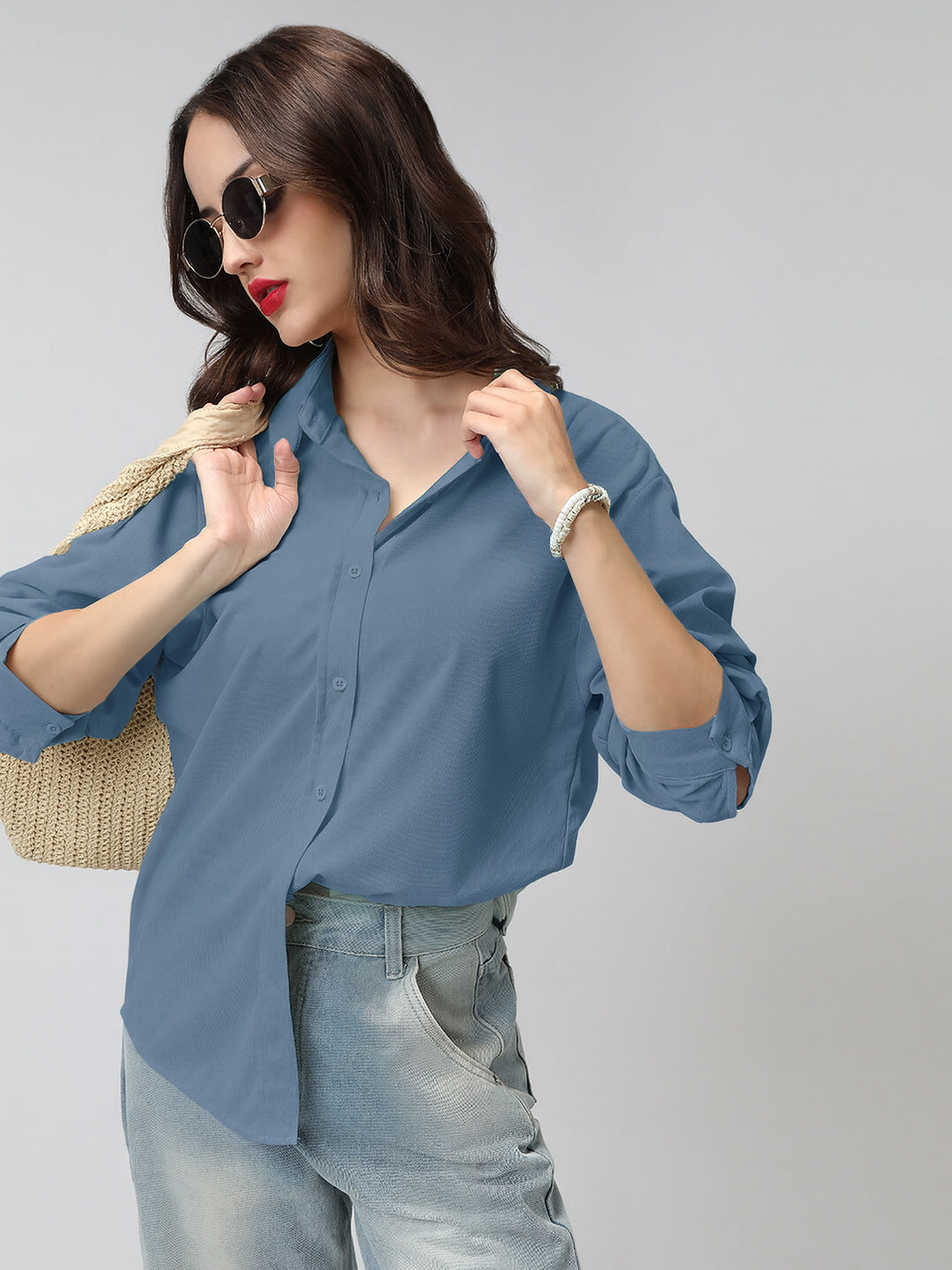 Women's Blue Corduroy Long Sleeve Button Down Shirt