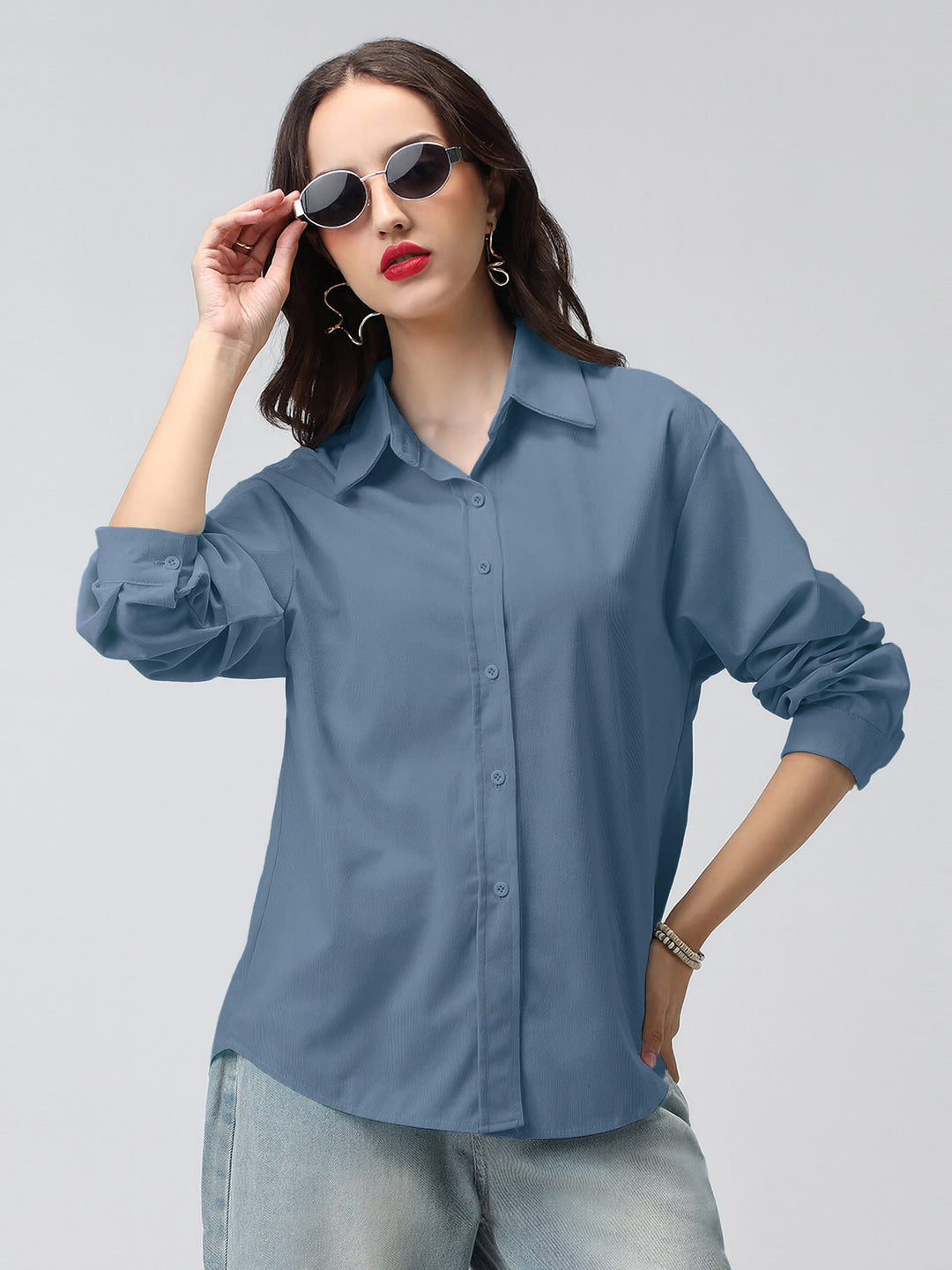 Women's Blue Corduroy Long Sleeve Button Down Shirt