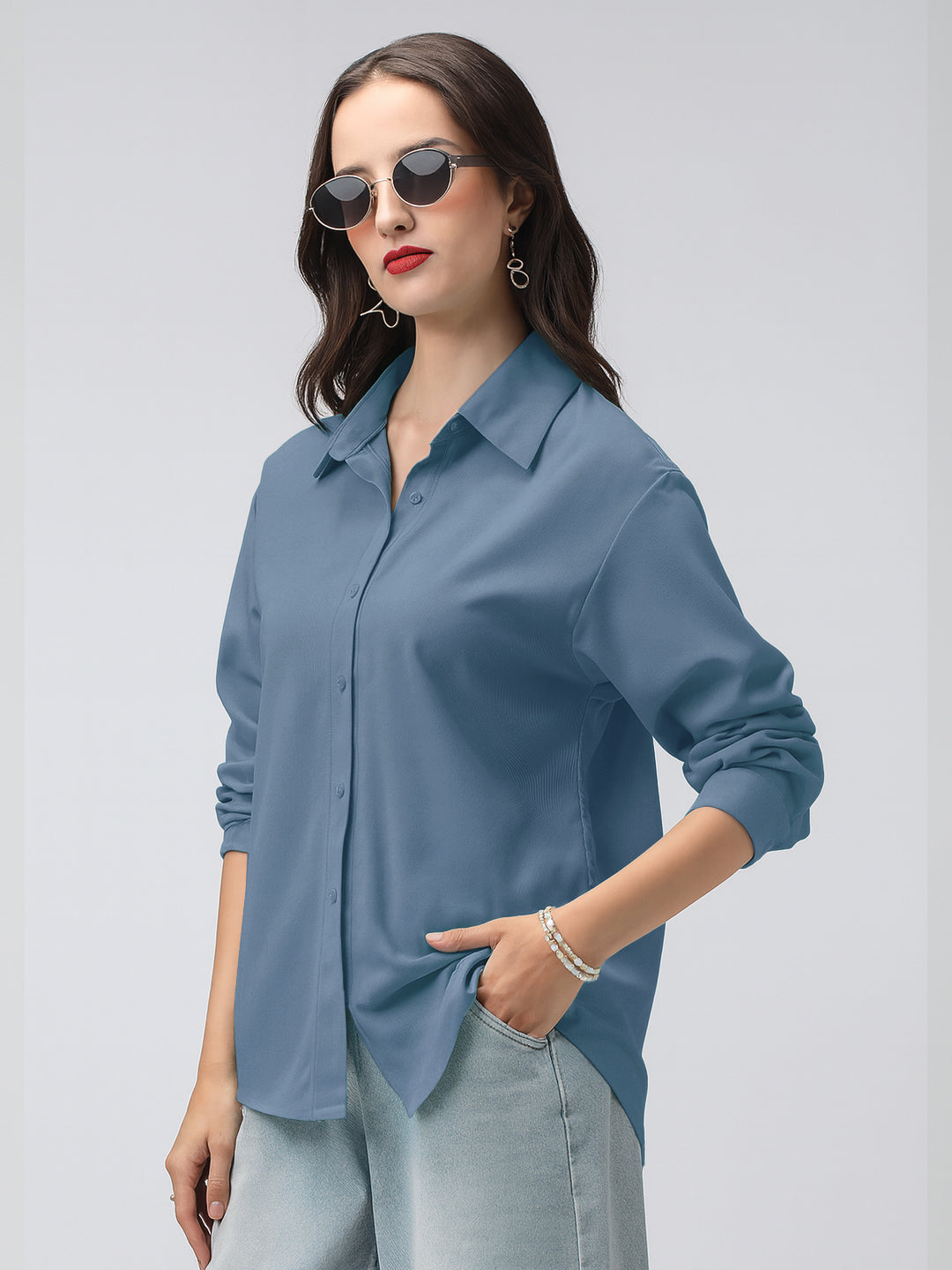Women's Blue Corduroy Long Sleeve Button Down Shirt
