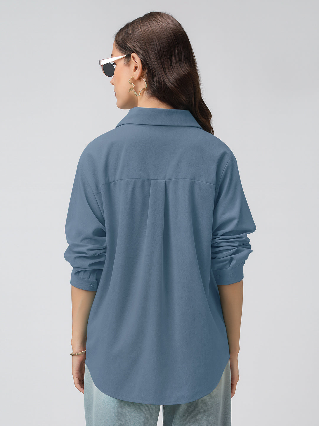 Women's Blue Corduroy Long Sleeve Button Down Shirt