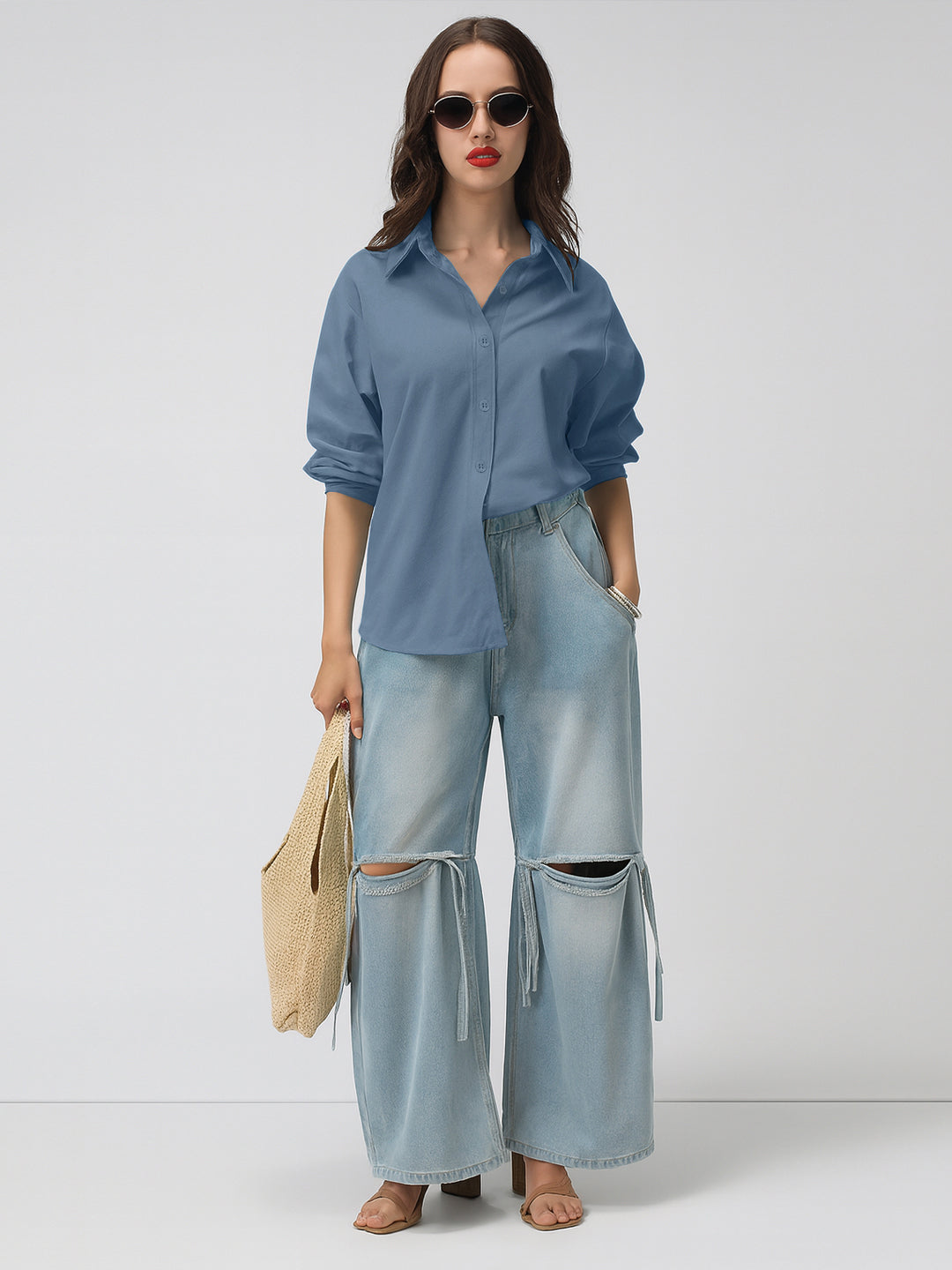 Women's Blue Corduroy Long Sleeve Button Down Shirt