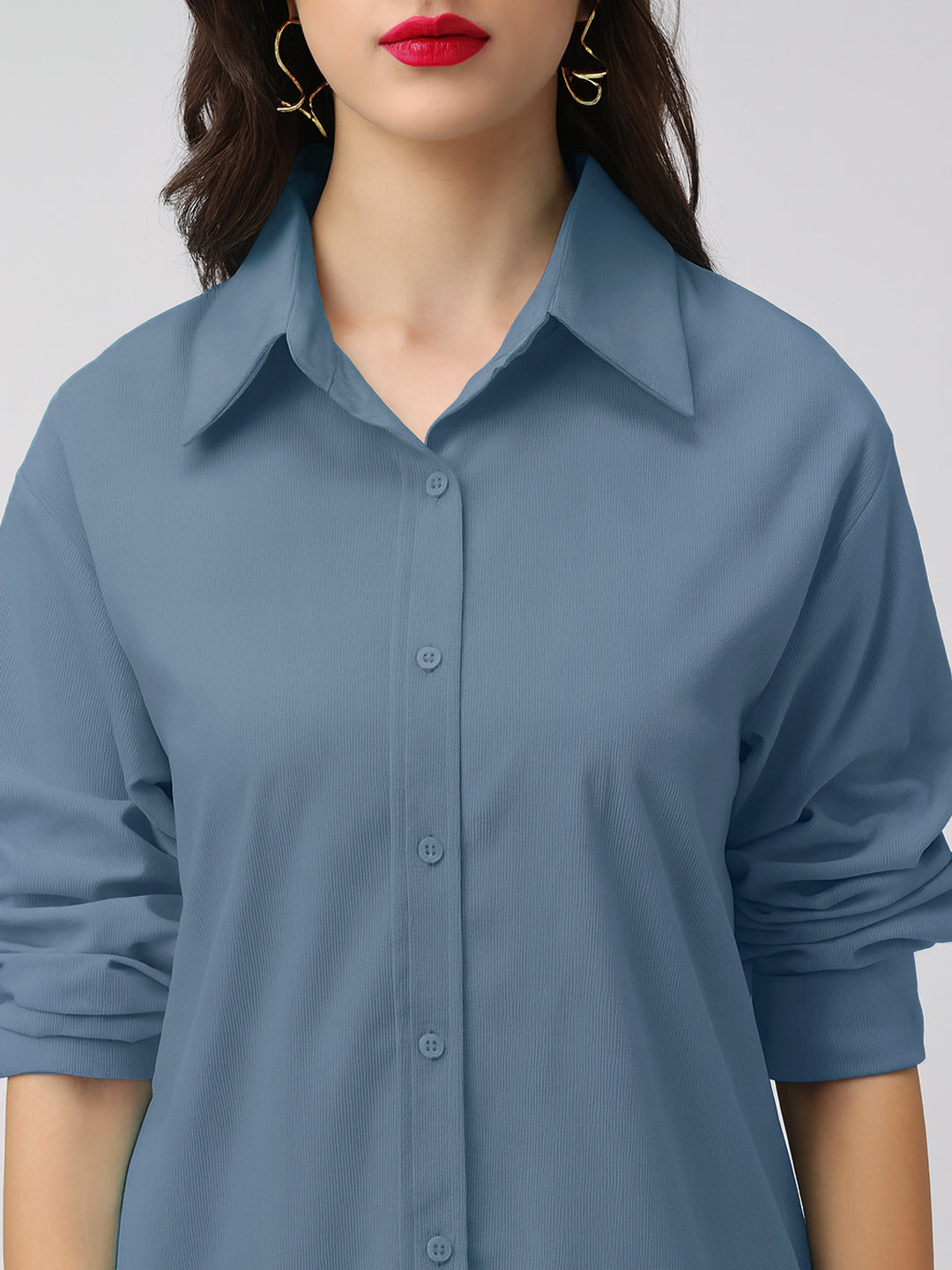 Women's Blue Corduroy Long Sleeve Button Down Shirt