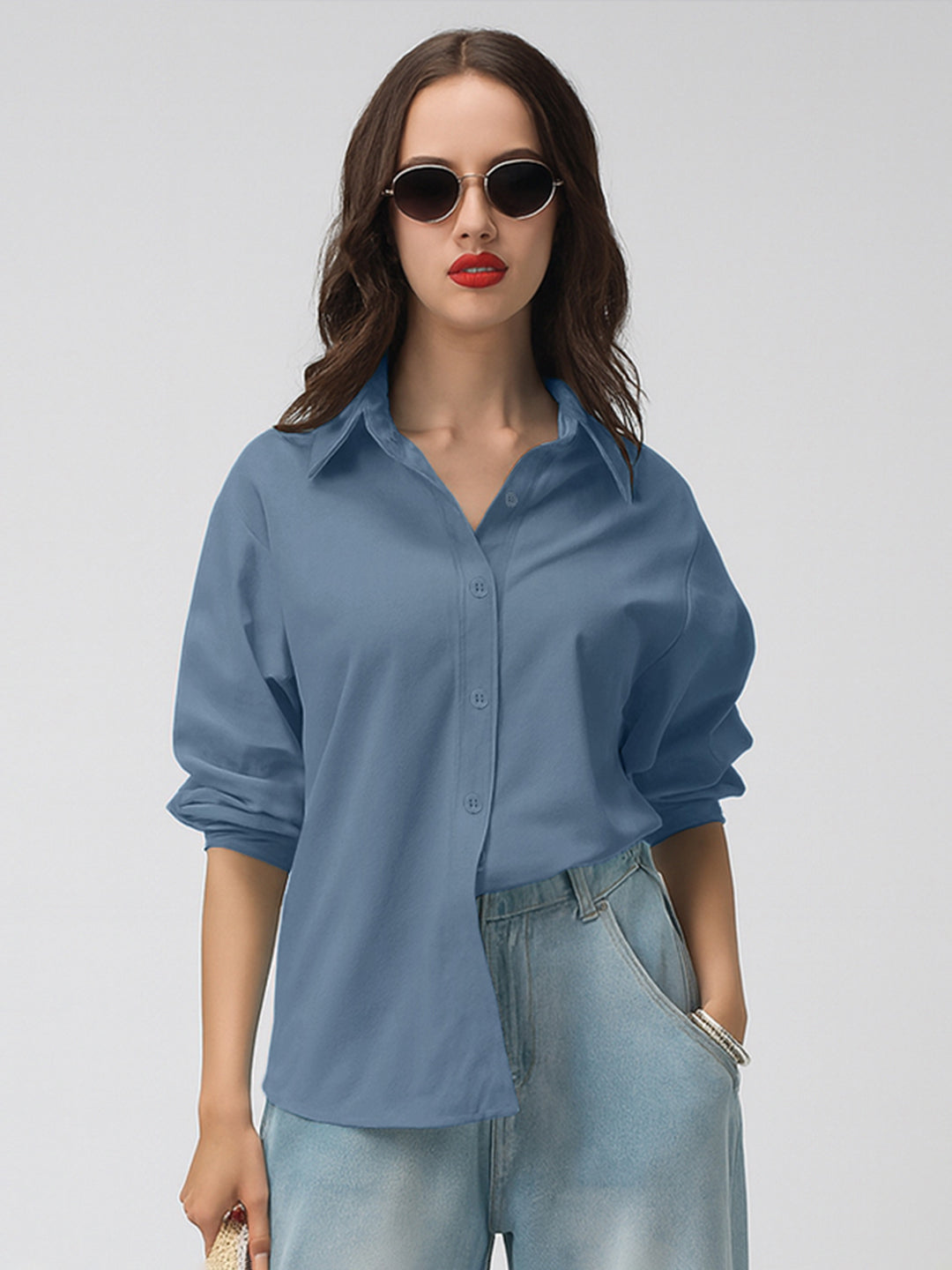 Women's Blue Corduroy Long Sleeve Button Down Shirt