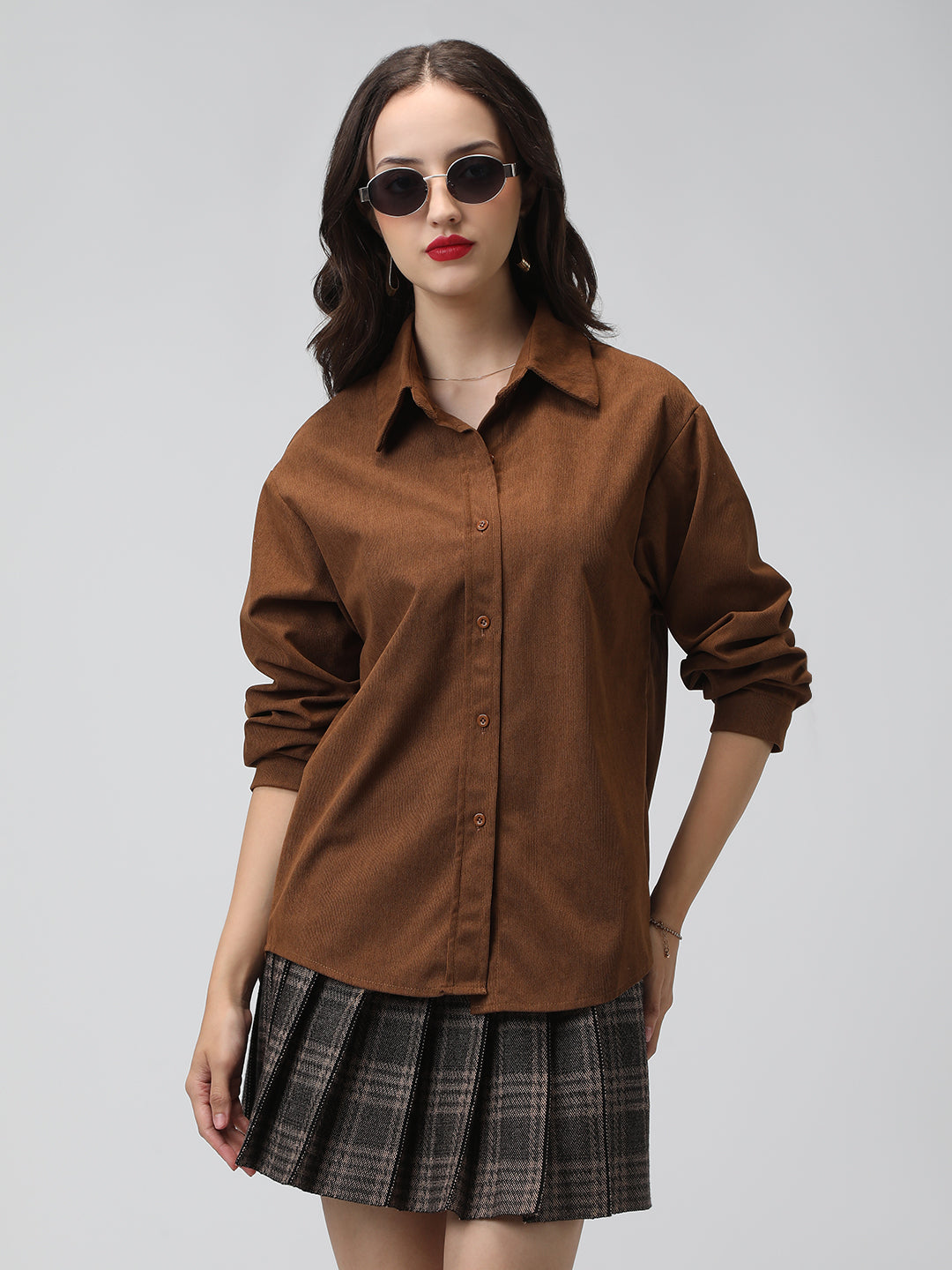 Women's Brown Corduroy Long Sleeve Button Down Shirt