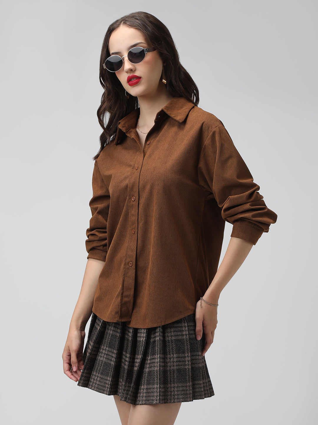 Women's Brown Corduroy Long Sleeve Button Down Shirt