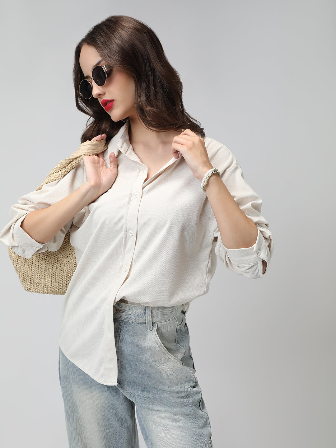 Women's Off White Corduroy Long Sleeve Button Down Shirt