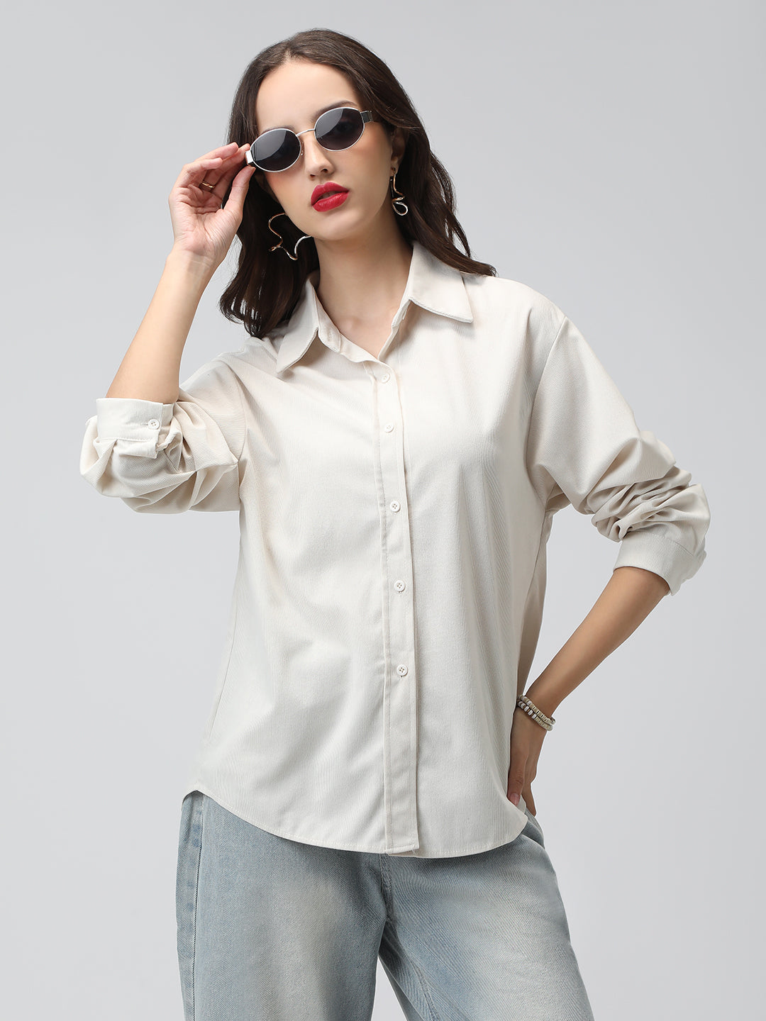 Women's Off White Corduroy Long Sleeve Button Down Shirt