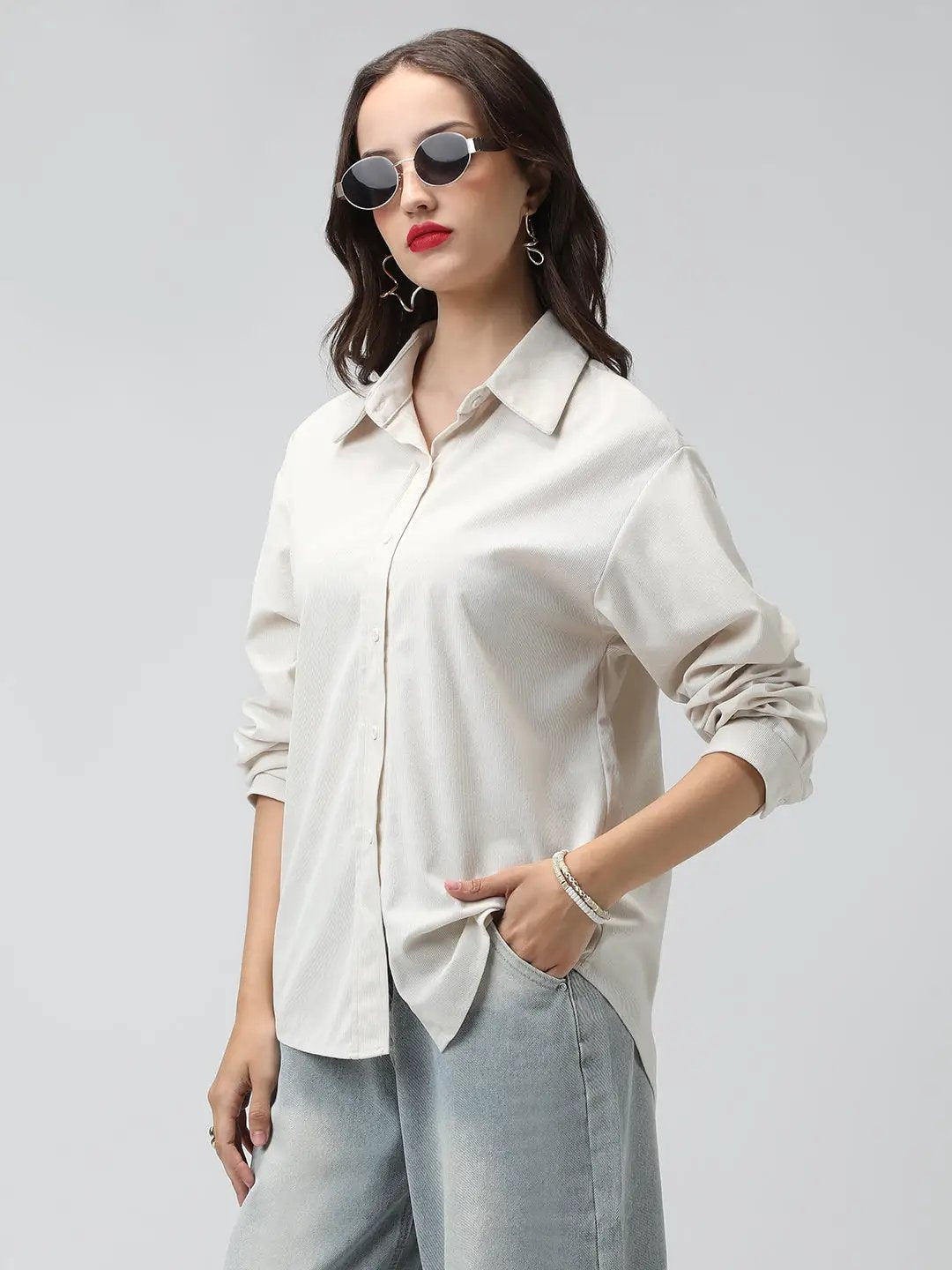 Women's Off White Corduroy Long Sleeve Button Down Shirt - from SHOWOFFFF