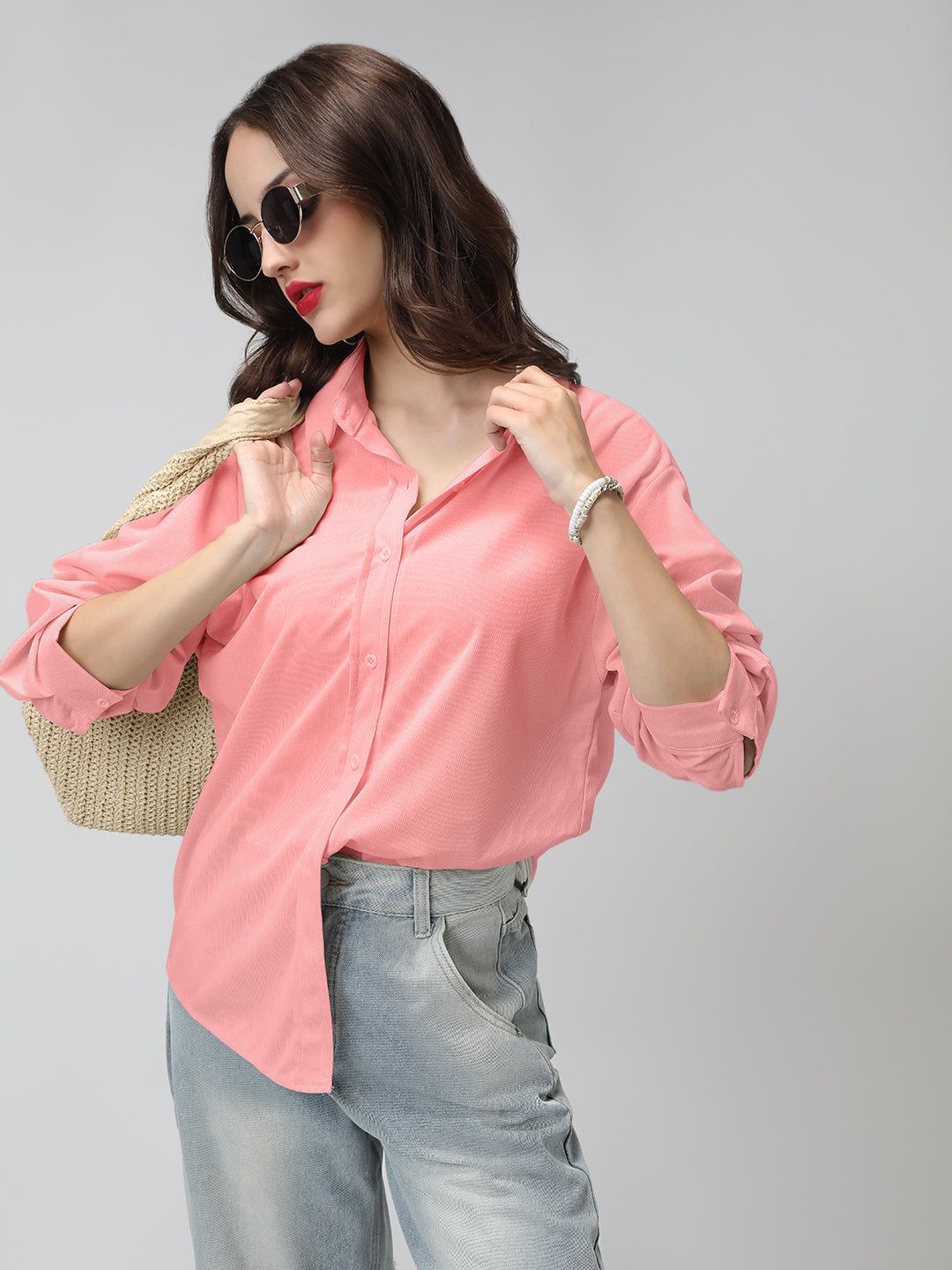 Women's Pink Corduroy Long Sleeve Button Down Shirt