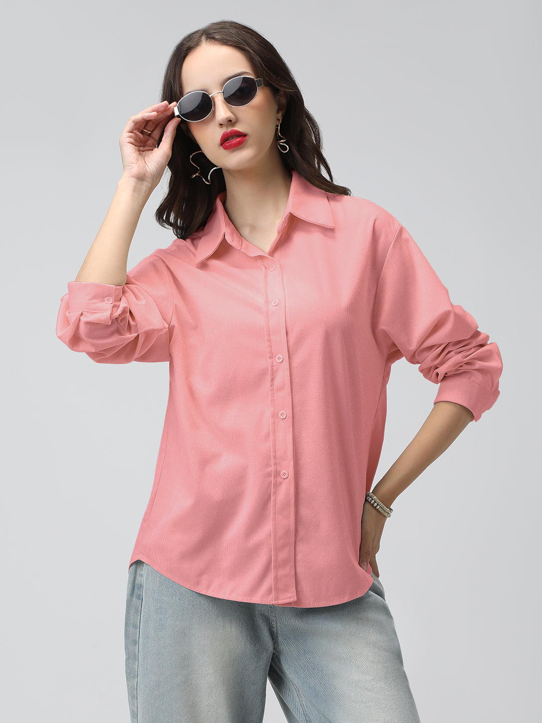 Women's Pink Corduroy Long Sleeve Button Down Shirt