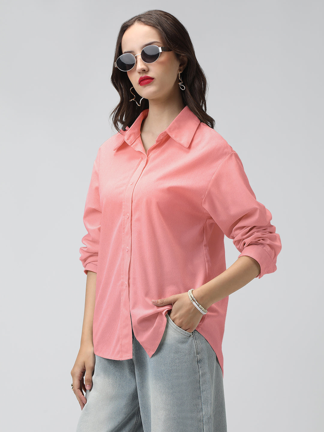Women's Pink Corduroy Long Sleeve Button Down Shirt